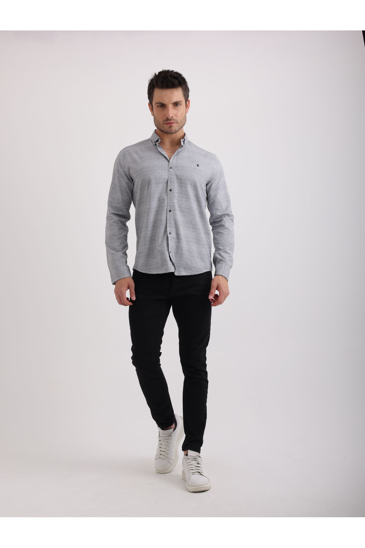 Sabe Erkek Slim Fit Siyah Keten Armürlü Gömlek