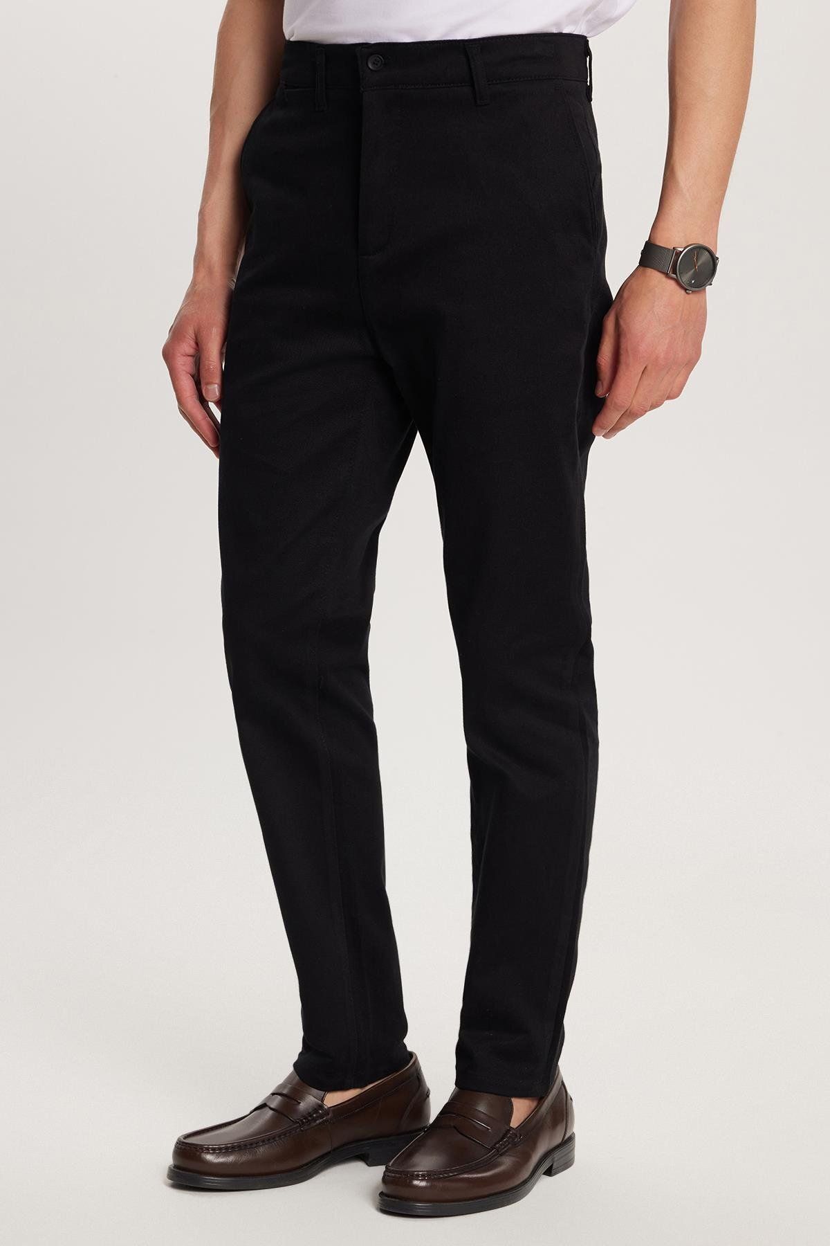 Tudors Erkek Regular Fit Chino Esnek Yandan Cepli Önü Fermuarlı Pamuklu Dokulu Siyah Pantolon