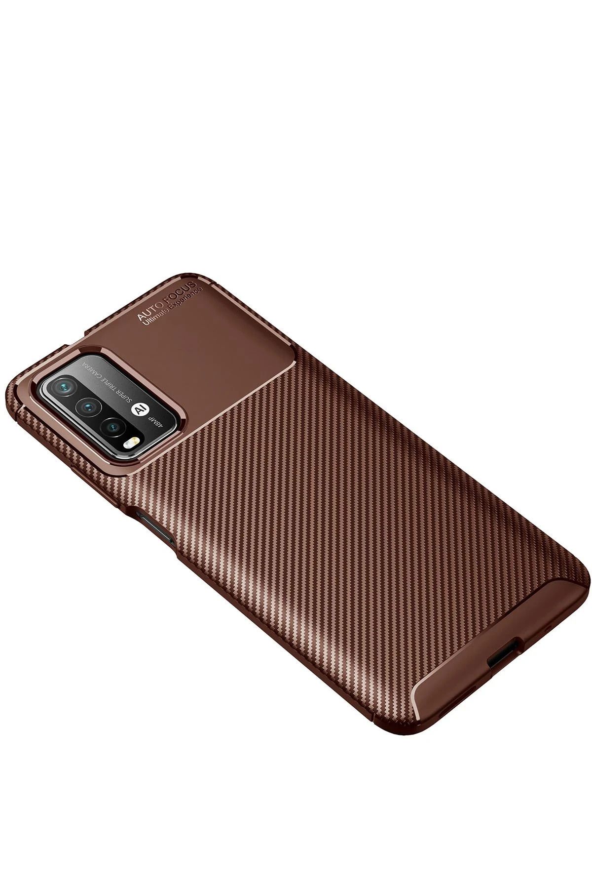 NewFace Xiaomi Redmi 9T Kılıf Auto Focus Karbon Kapak - Kahverengi GLSTD