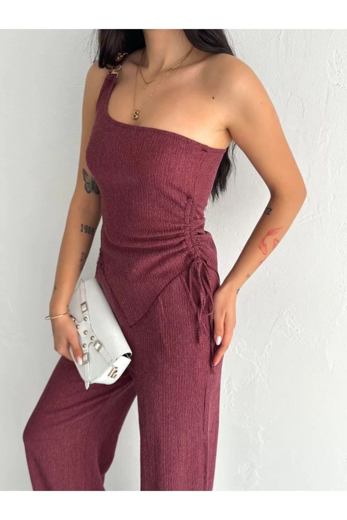 MERSSE Asimetrik Crop Pantalon ikili Takım-Gül kurusu