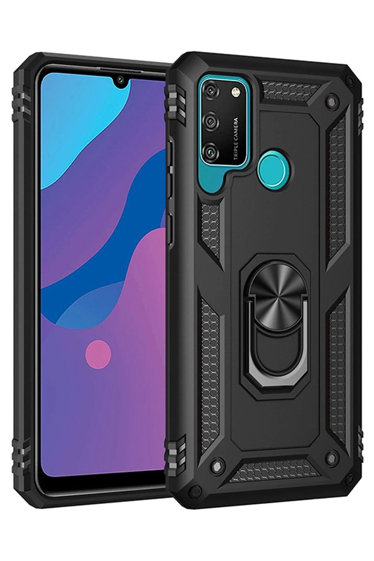 NewFace Huawei Y6P Kılıf Sofya Yüzüklü Silikon Kapak - Siyah GLSTD