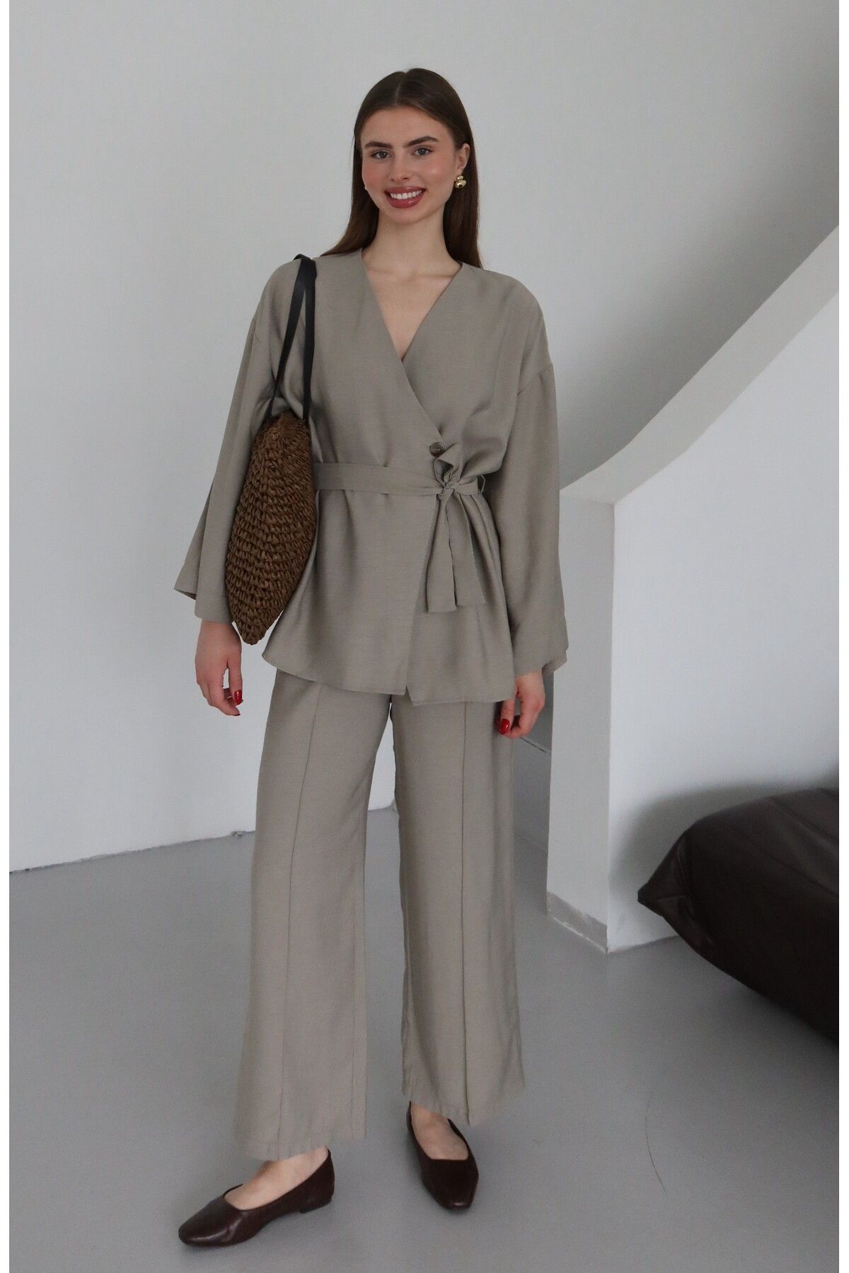 Laluvia Haki Bağlamalı Kimono Takım - 8685