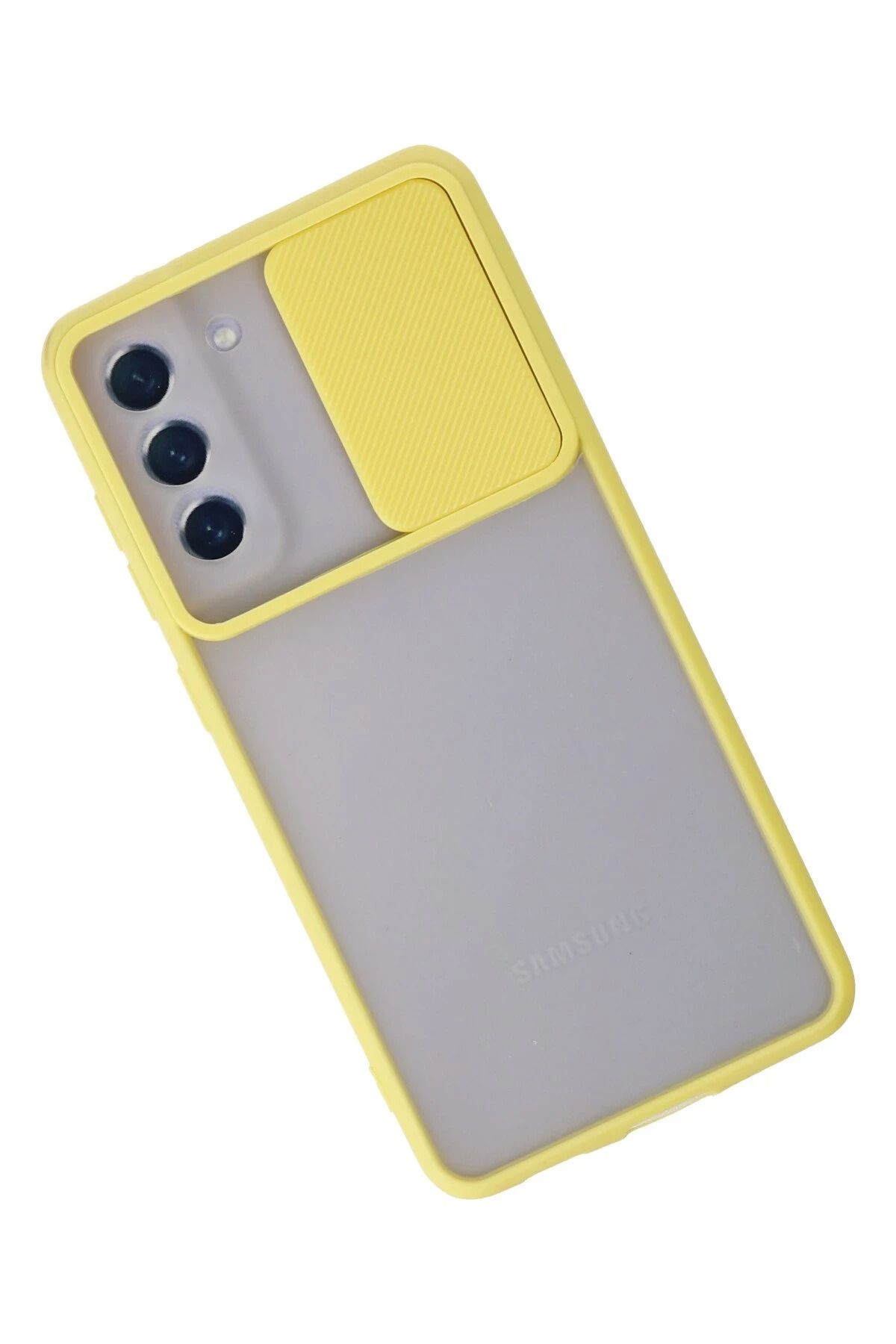 NewFace Samsung Galaxy S21 FE Kılıf Palm Buzlu Kamera Sürgülü Silikon - Sarı SVLRS