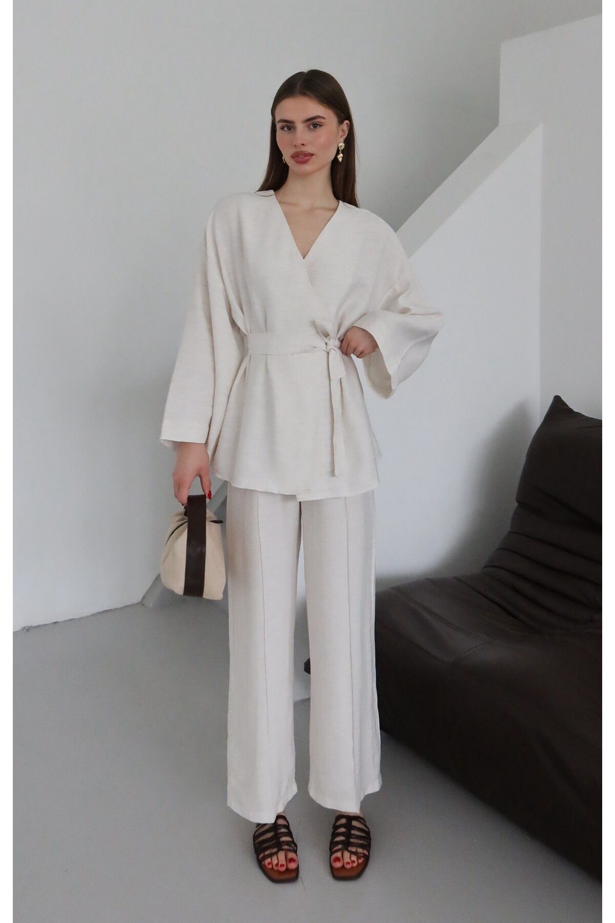 Laluvia Natural Bağlamalı Kimono Takım - 8685