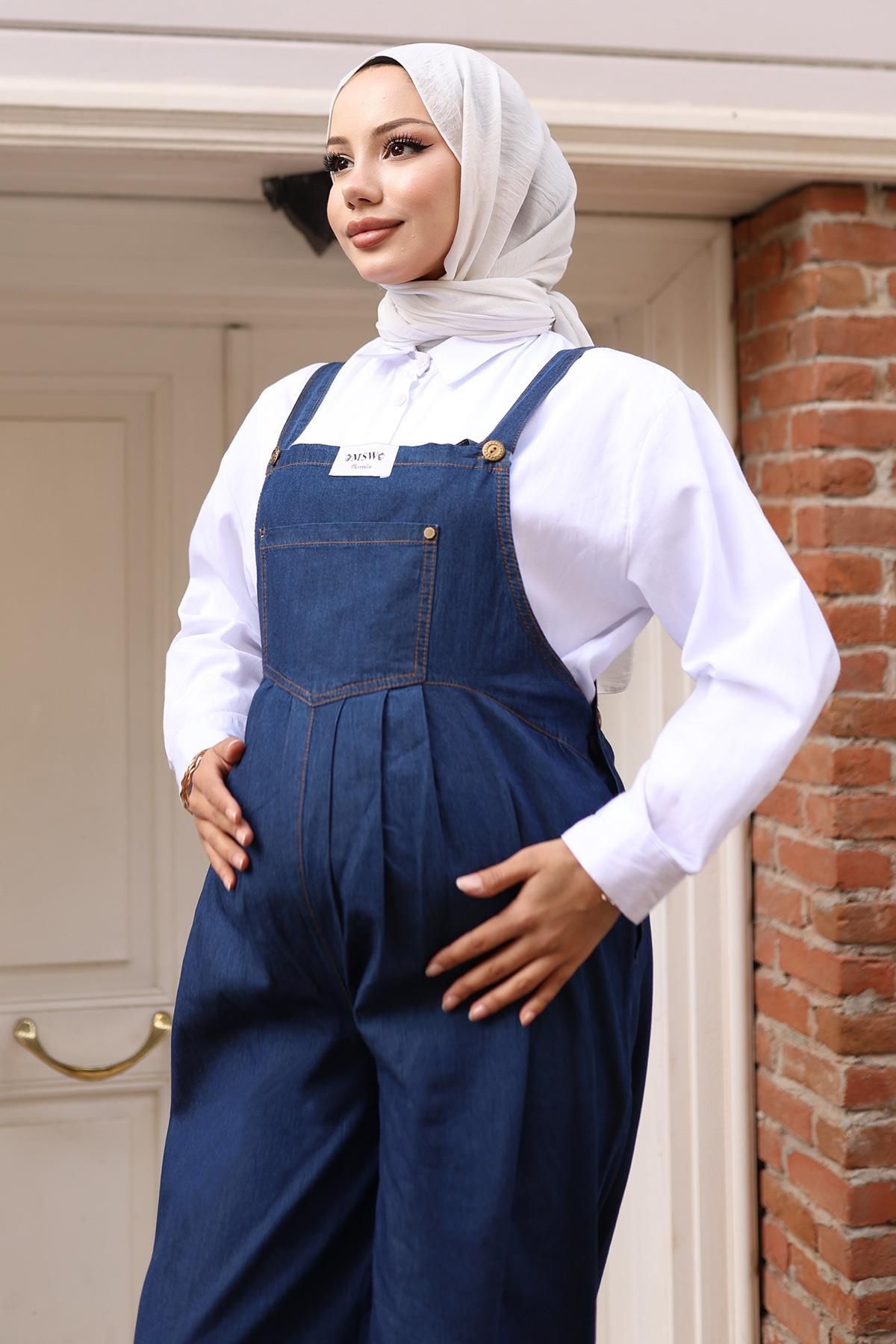 Modamihram-Kangaroo Pocket Maternity Jumpsuit Dark Blue 19248 2