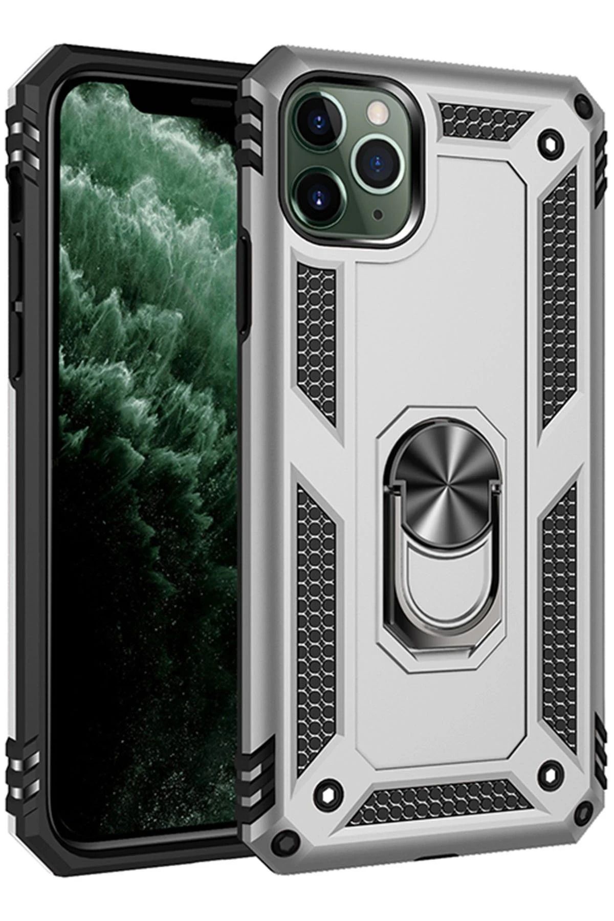 NewFace iPhone 11 Pro Max Kılıf Sofya Yüzüklü Silikon Kapak - Gümüş GLSTD