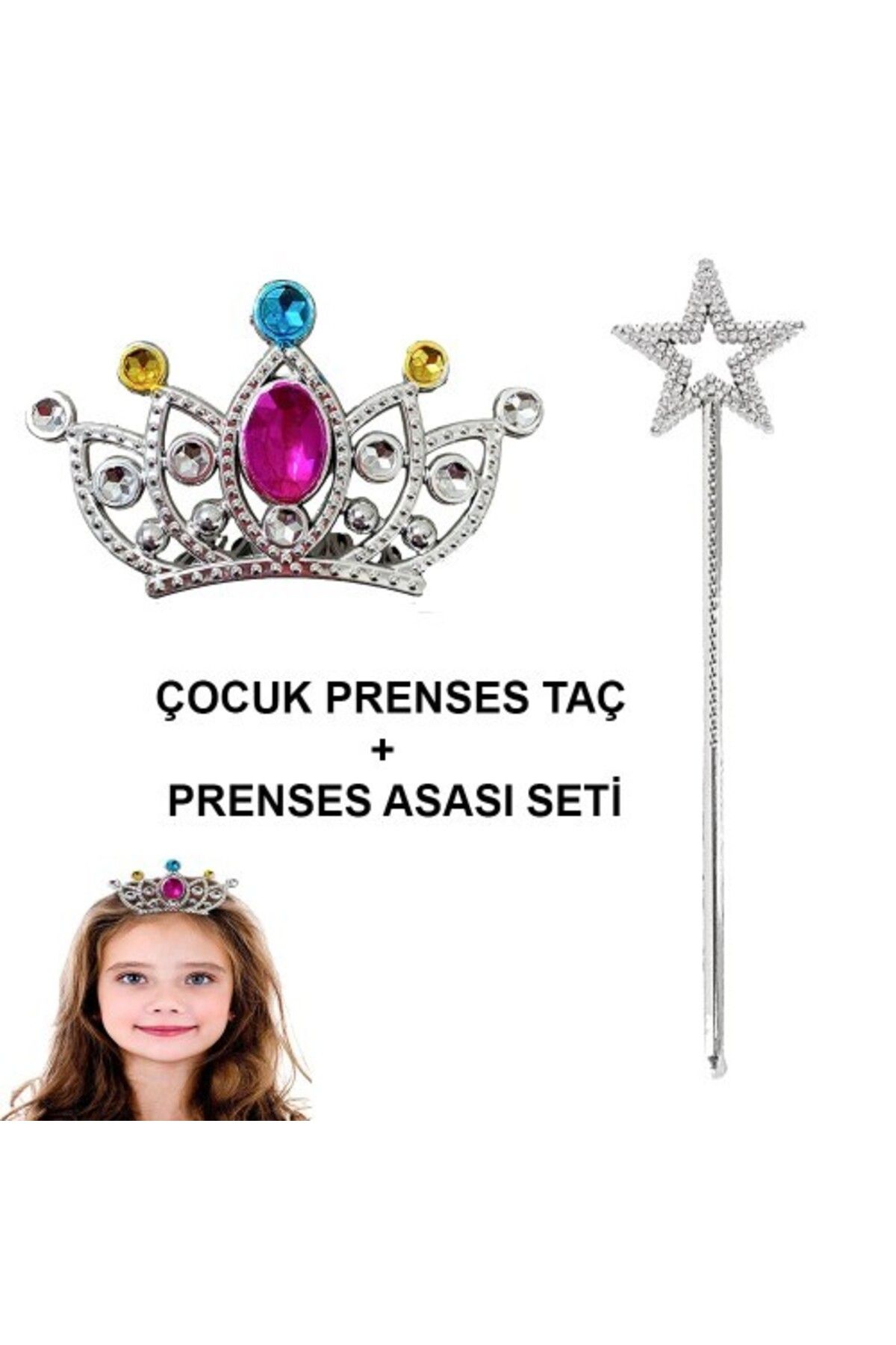 Otocub Çocuklar İçin Taraklı Prenses Tacı ve Prenses Yıldız Asa Seti Gümüş