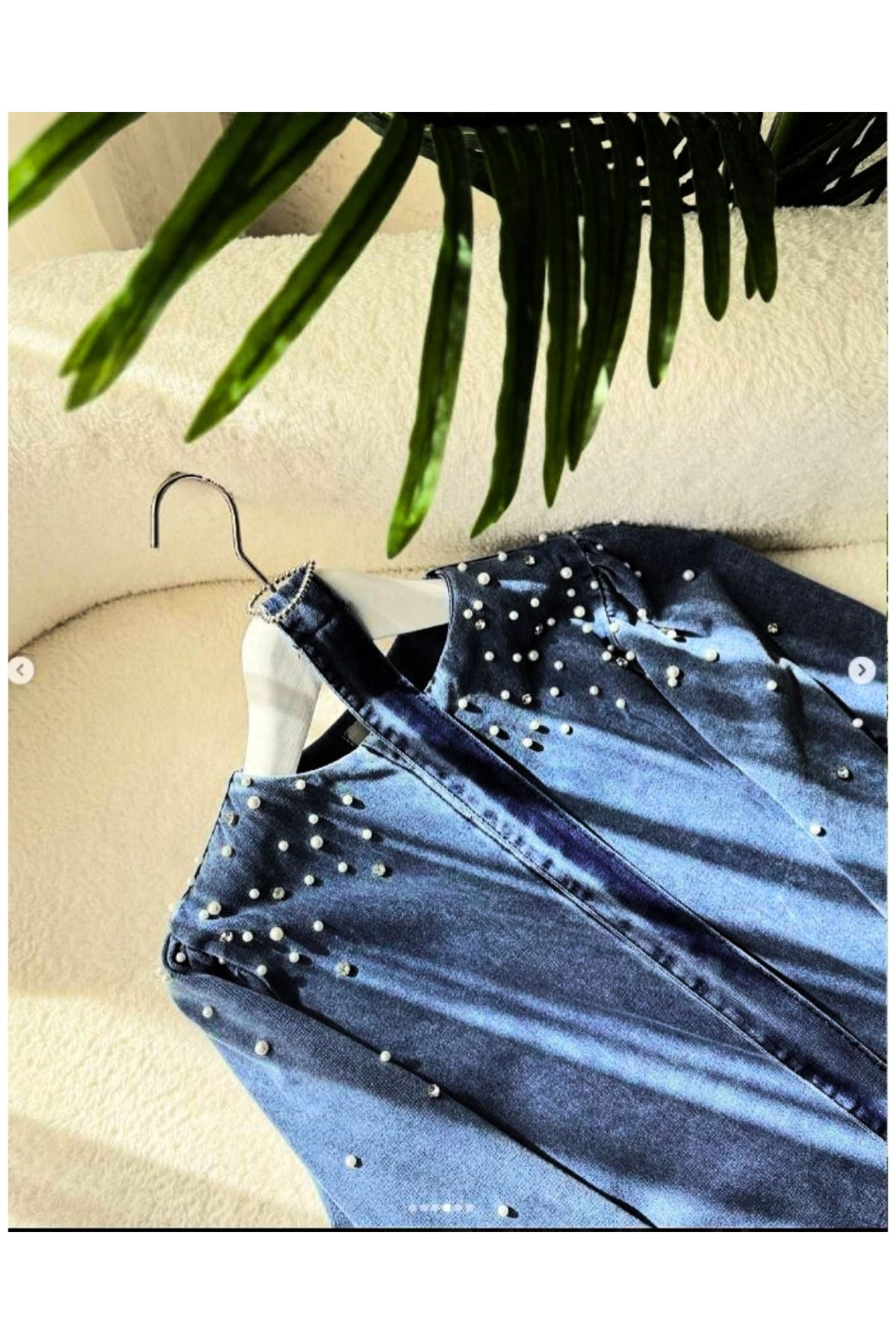 OlaLady Kadın Kalp Kemerli İnci Detaylı Tesettür Denim Kap Pardesü