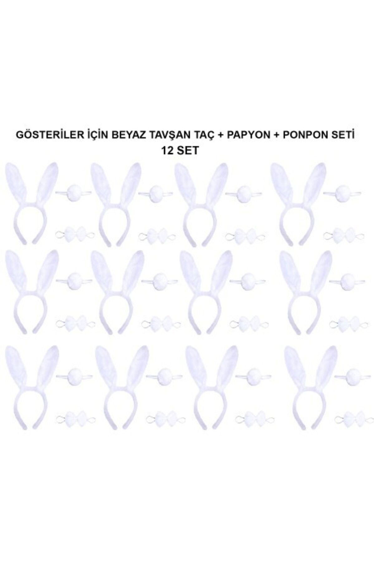 Otocub Beyaz Tavşan Kostüm Seti – Taç, Papyon, Kuyruk (12’li Paket)