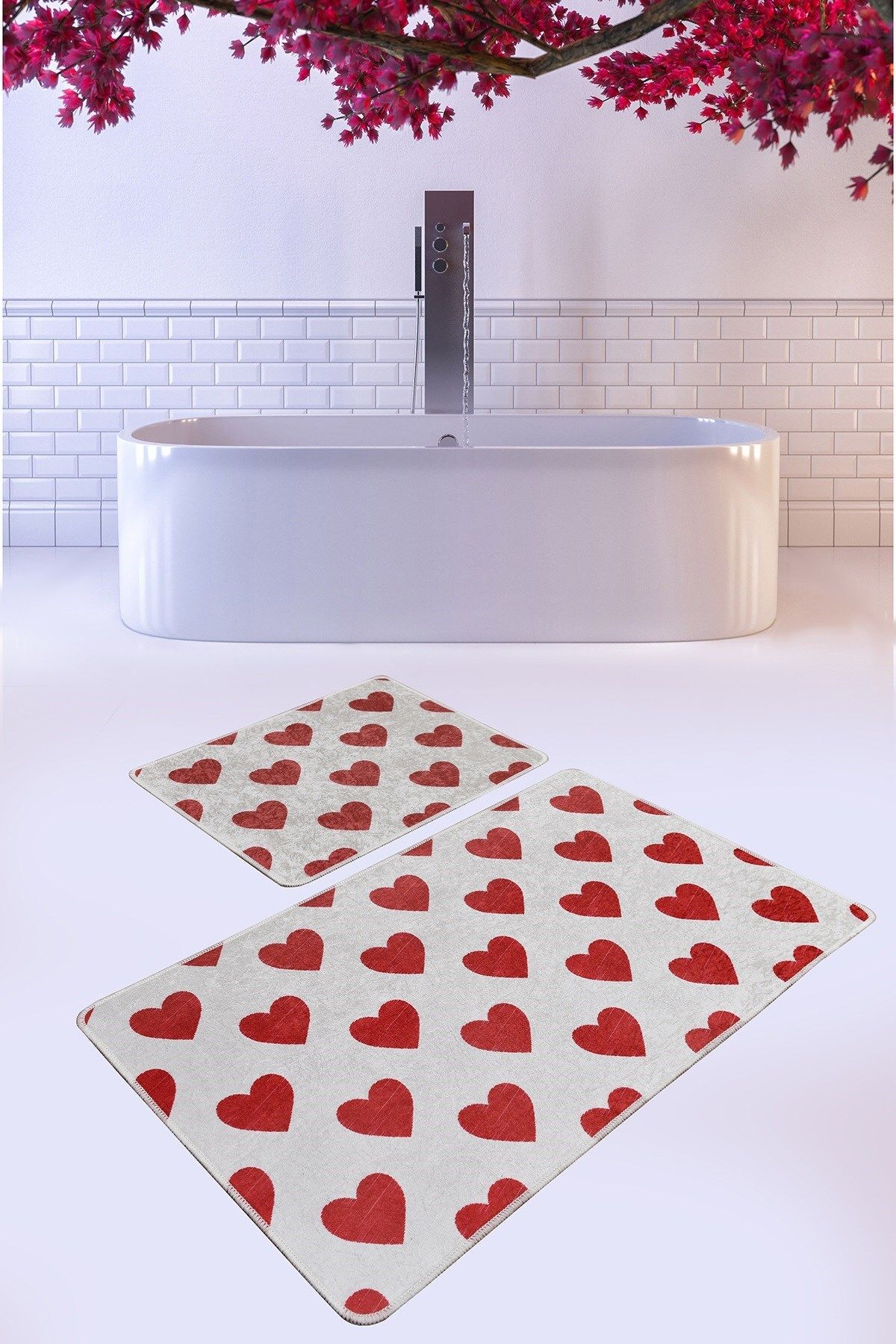 Casaculina Kırmızı Kapli 2'li Set Banyo Halısı Paspas Klozet Takımı, Yıkanabilir, Kaymaz Taban 60x100/60x50