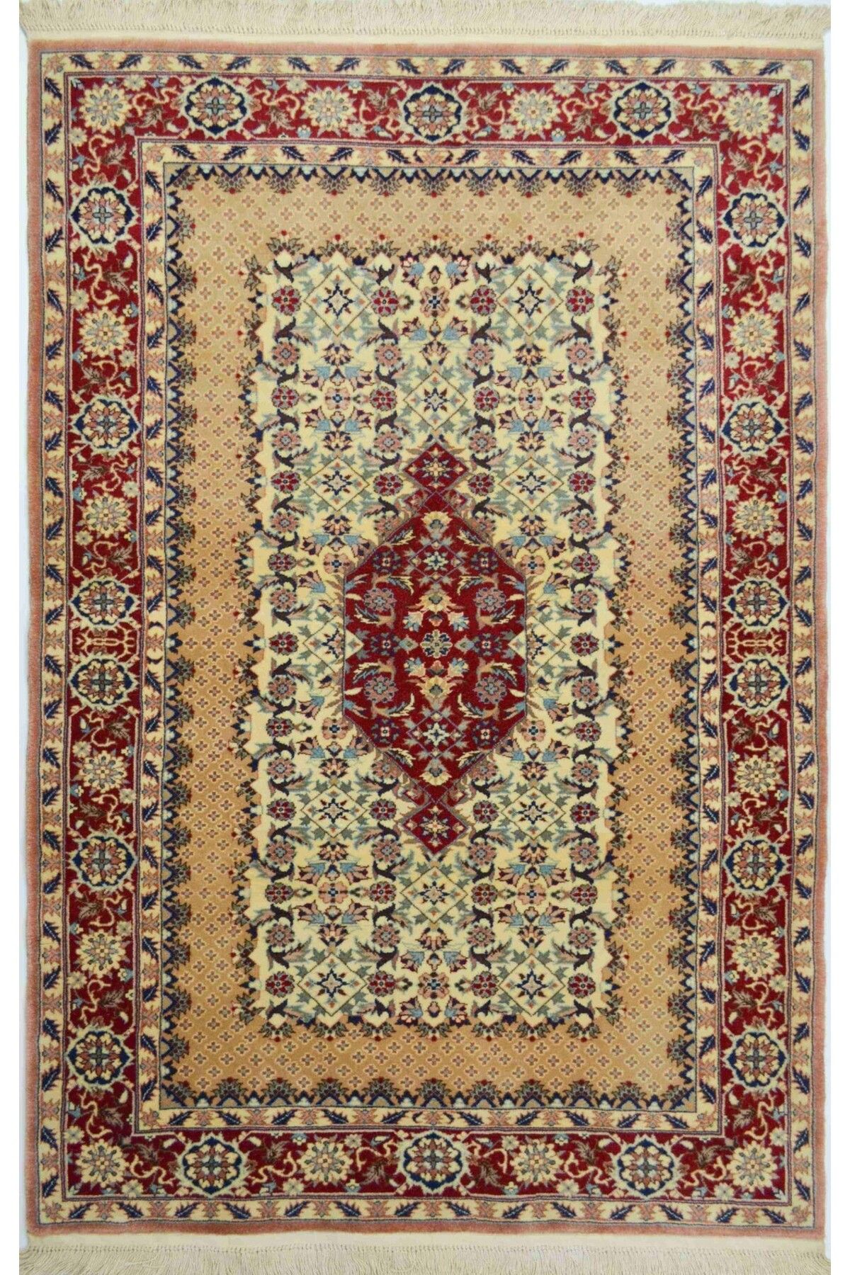 Handmade İran Saruk El Dokuma Bej ve Kırmızı Renk Yün Halı 93x150 cm (1.39 m²)
