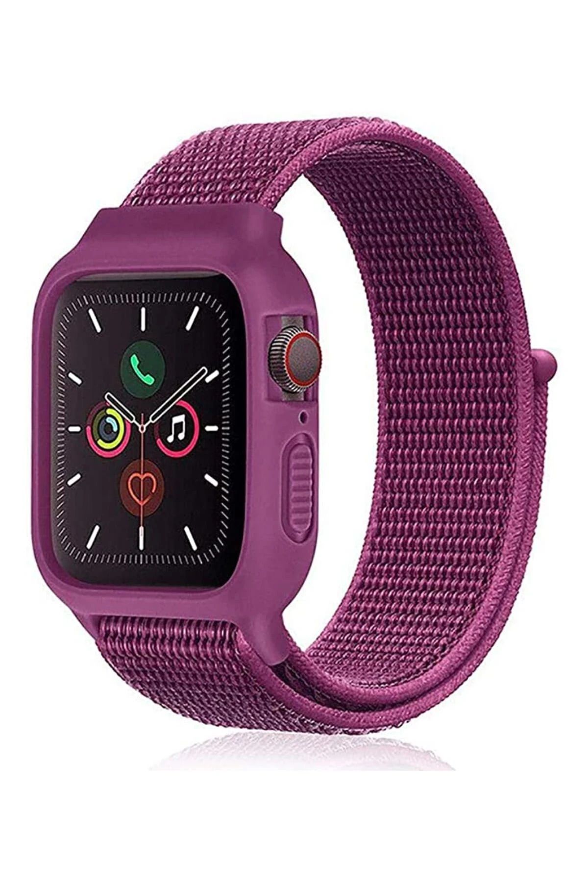NewFace Apple Watch 42mm Hasırlı Cırtcırtlı Kasalı Kordon - Fuşya SVLRS