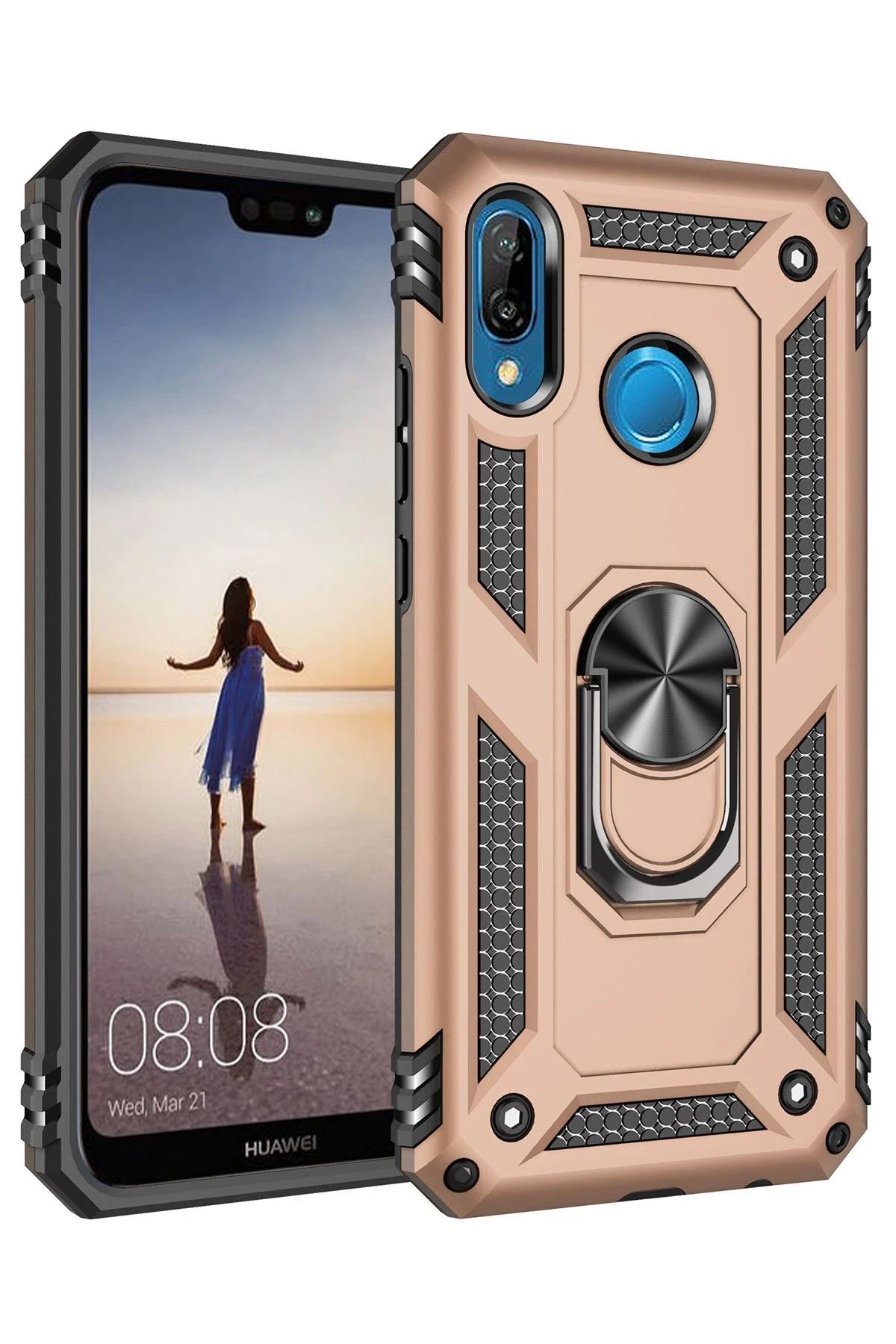 NewFace Huawei P20 Lite Kılıf Sofya Yüzüklü Silikon Kapak - Gold WLZOR