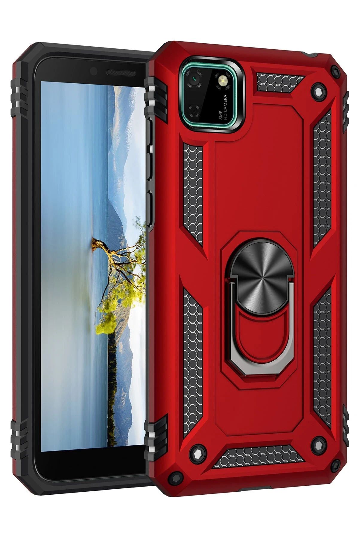 NewFace Huawei Y5P Kılıf Sofya Yüzüklü Silikon Kapak - Kırmızı SVLRS