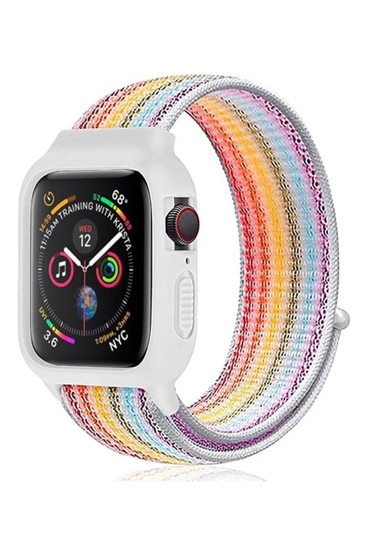 NewFace Apple Watch 42mm Hasırlı Cırtcırtlı Kasalı Kordon - Gökkuşağı SVLRS