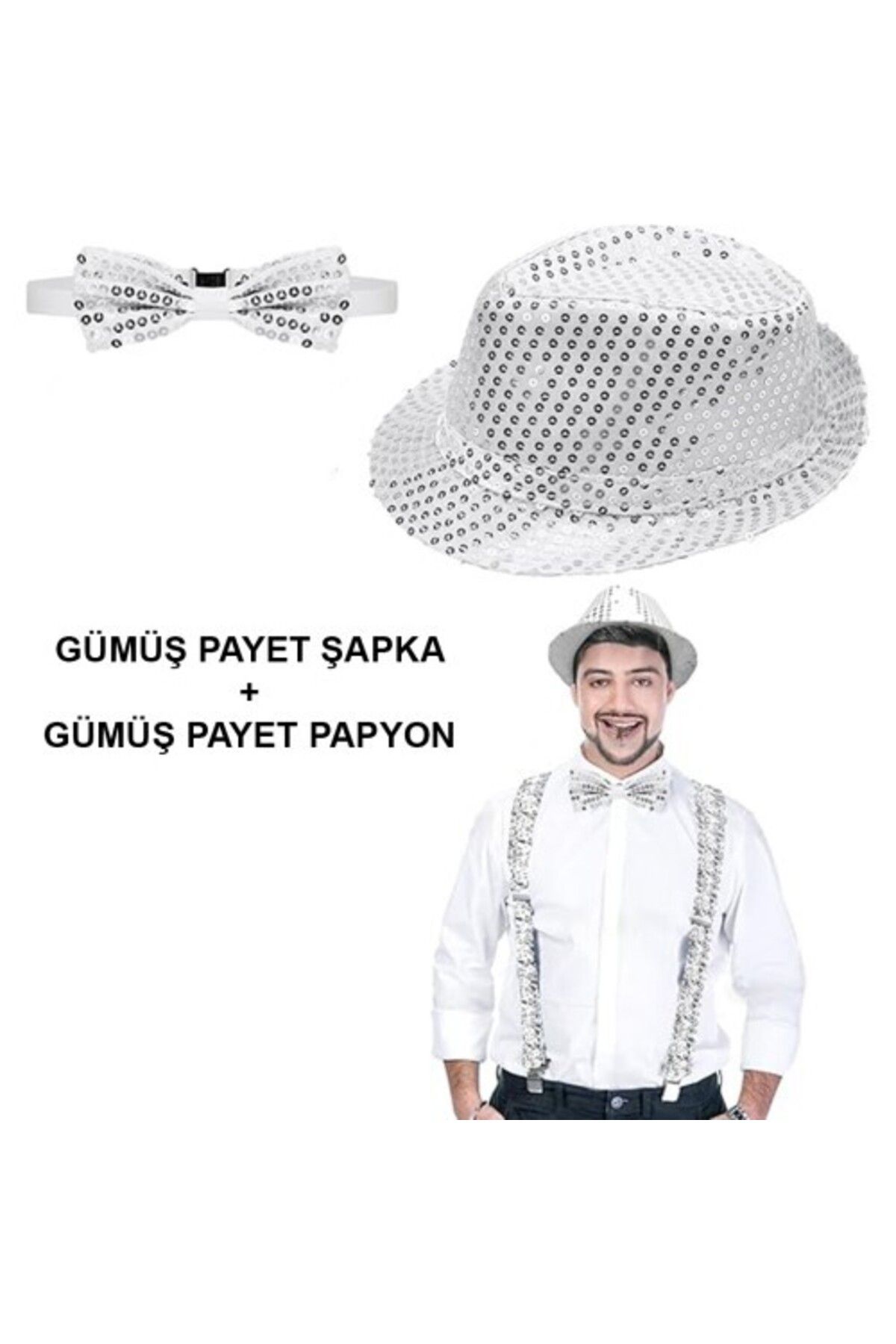 Otocub Gümüş Payetli Şapka ve Papyon Seti – Parıltılı Yetişkin Kostüm Seti