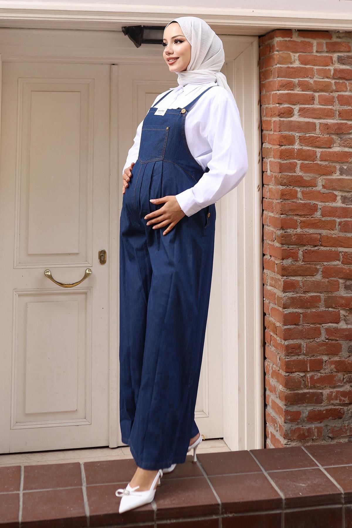 Modamihram-Kangaroo Pocket Maternity Jumpsuit Dark Blue 19248 3