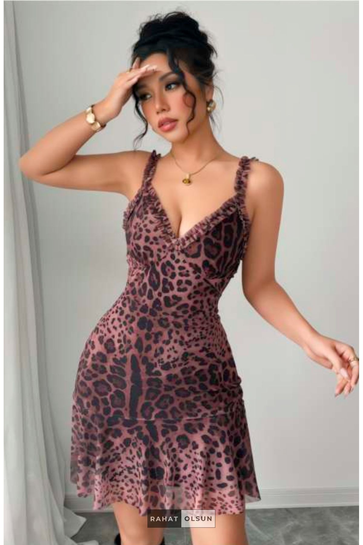 Purple Dot Purple İp Askılı Leopar Desenli Volan Detaylı Astarlı Tüllü Mini Gece Elbisesi