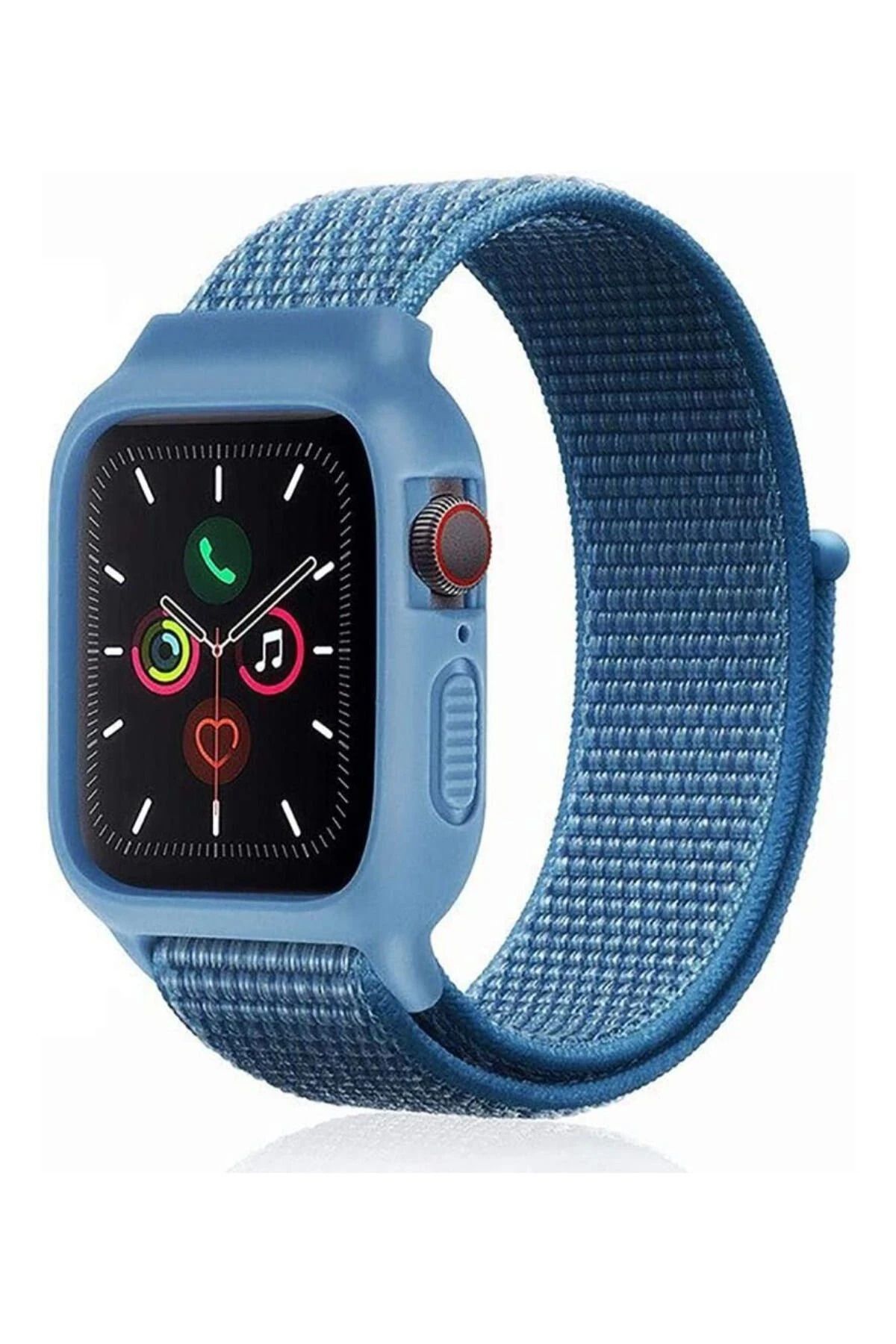 NewFace Apple Watch 42mm Hasırlı Cırtcırtlı Kasalı Kordon - Mavi SVLRS