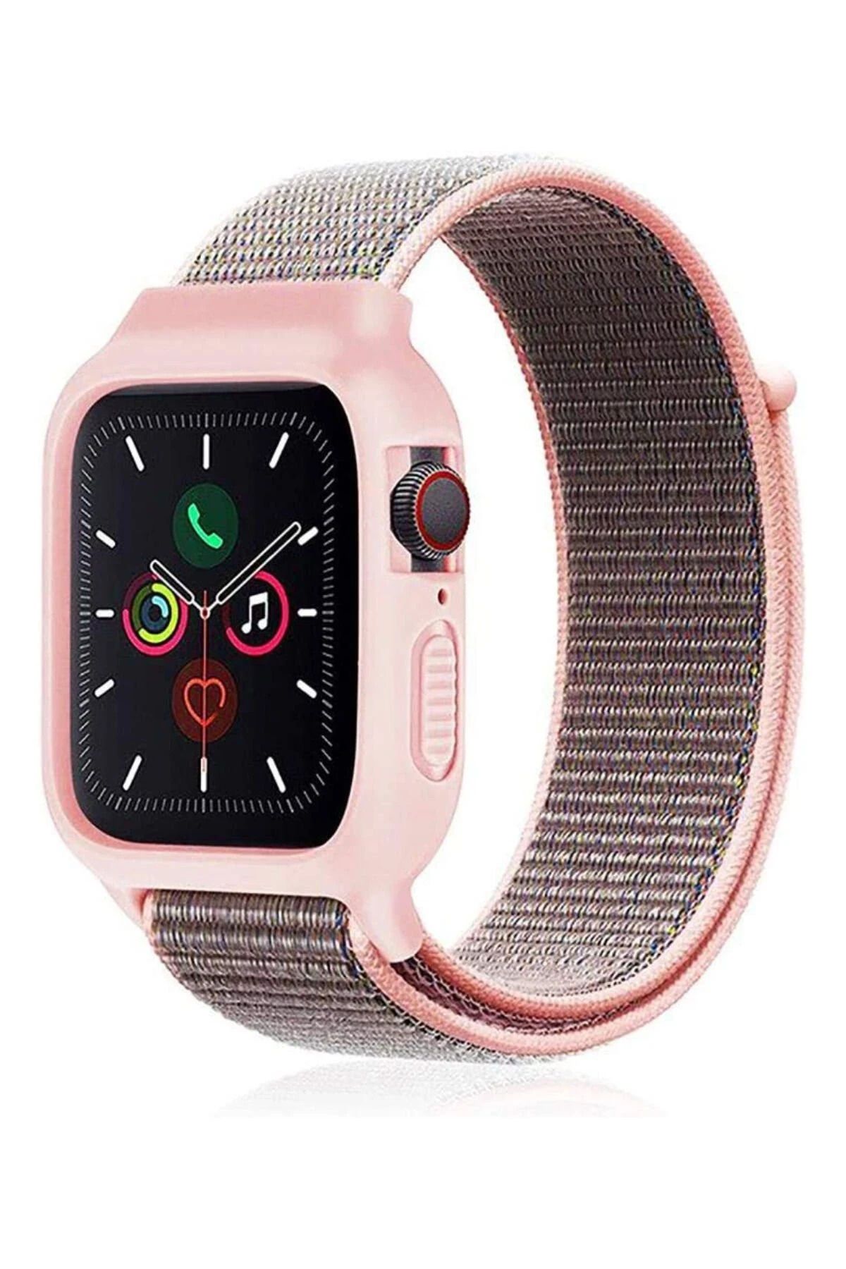 NewFace Apple Watch 42mm Hasırlı Cırtcırtlı Kasalı Kordon - Pembe SVLRS