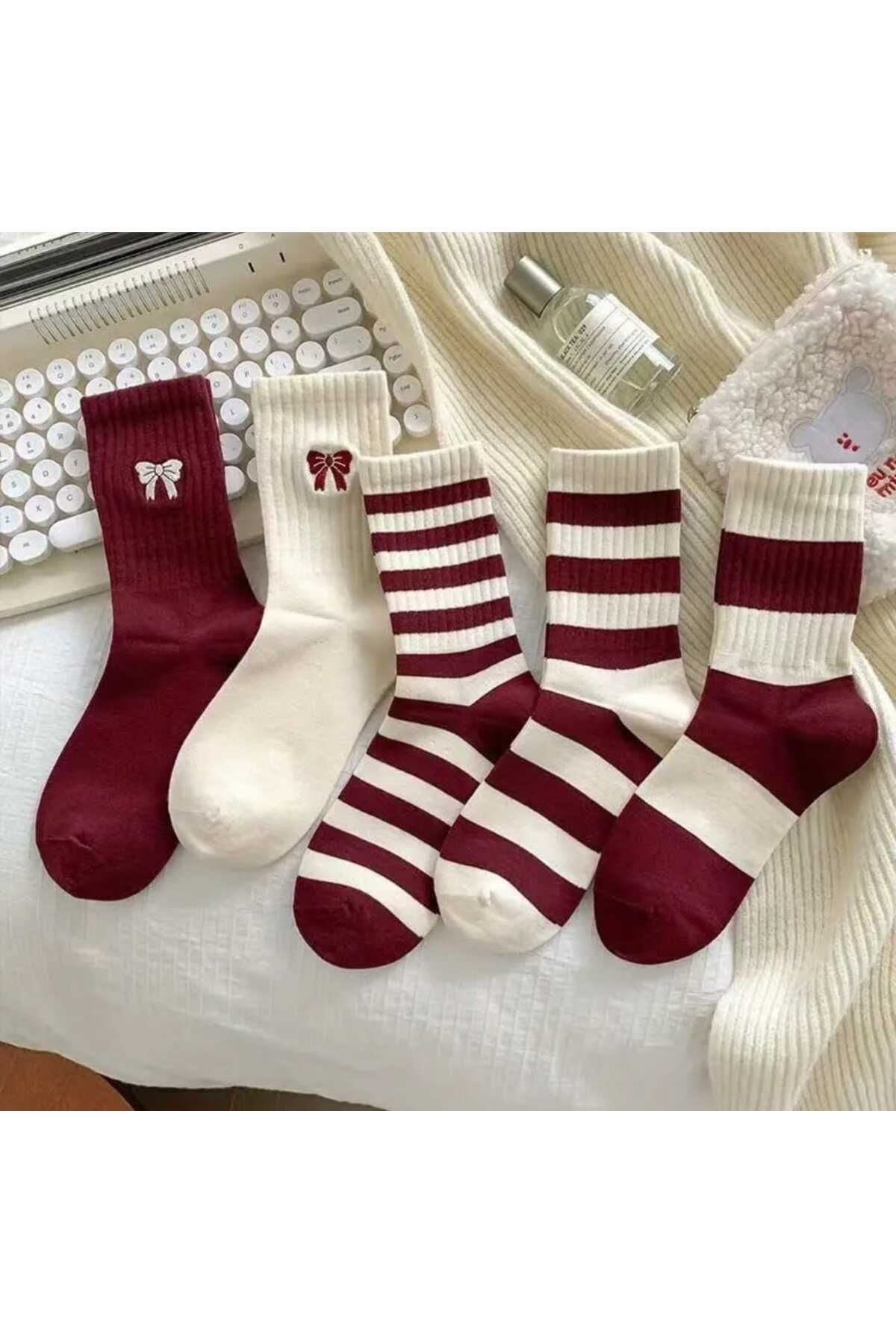 HTC SOCKS 5 Çift Bordo Beyaz Fiyonklu Tenis Çorap Kurdela Çizgili Çorap