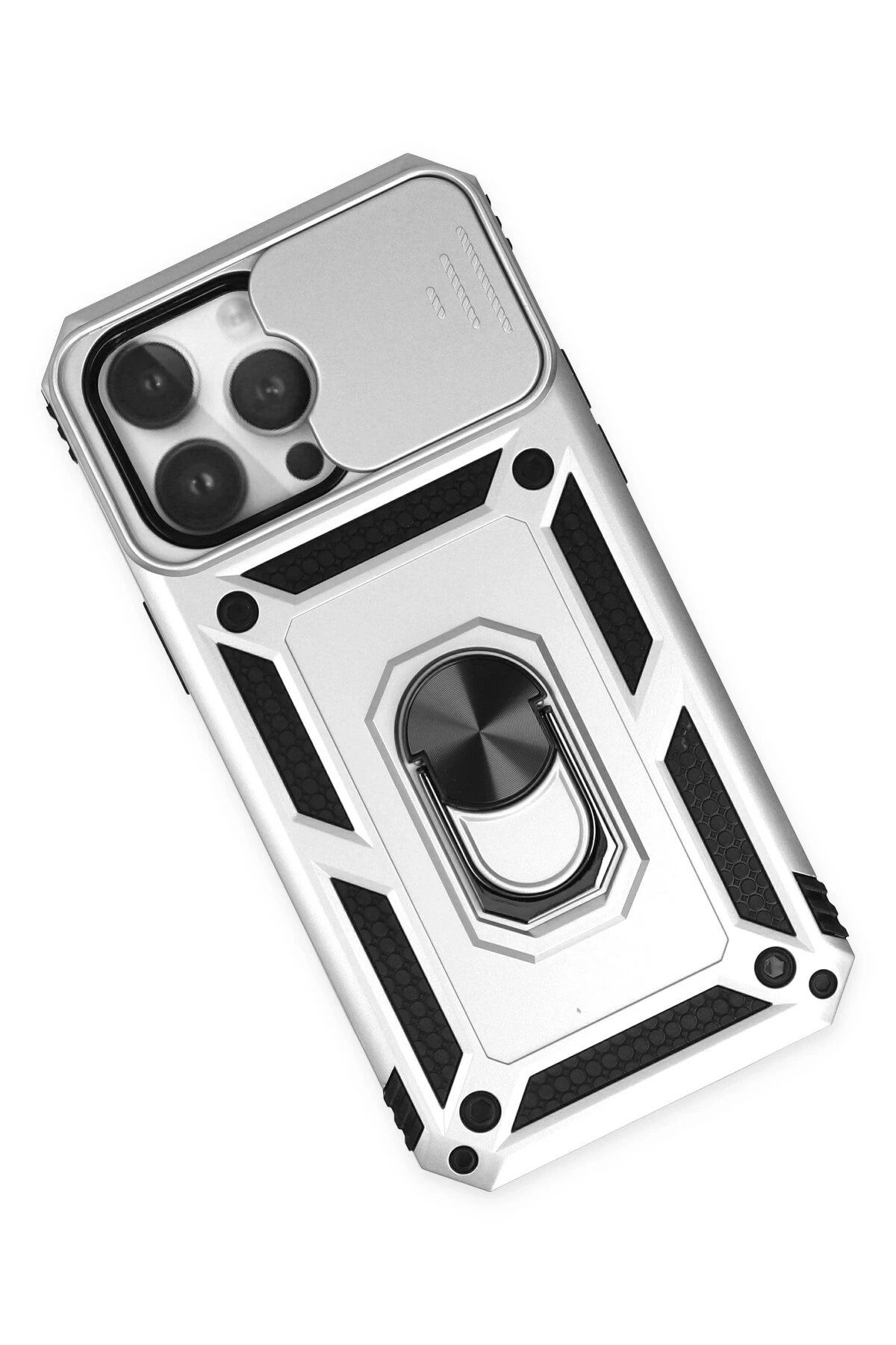 NewFace iPhone 14 Pro Max Kılıf Pars Lens Yüzüklü Silikon - Gümüş GLSTD
