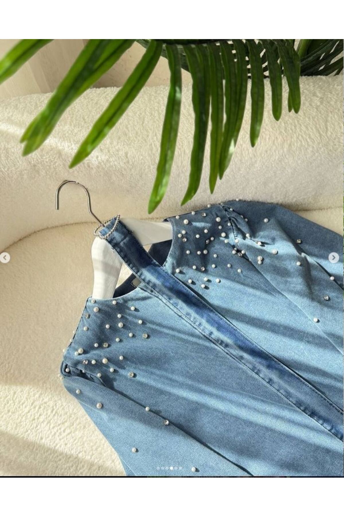 OlaLady Kadın Kalp Kemerli İnci Detaylı Tesettür Denim Kap Pardesü