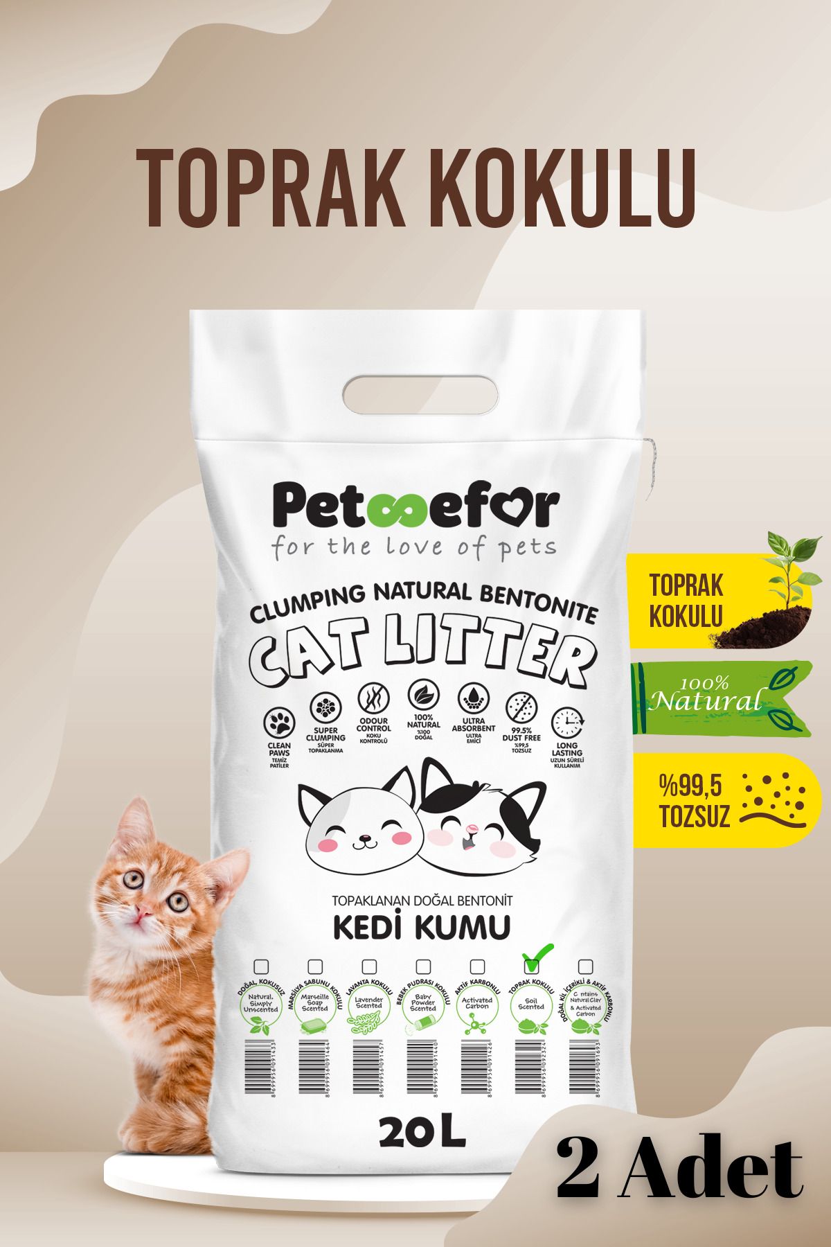 Petefor 20 Lt Toprak Kokulu Yeni Nesil Organik Kahverengi Kedi Kumu X2 Adet