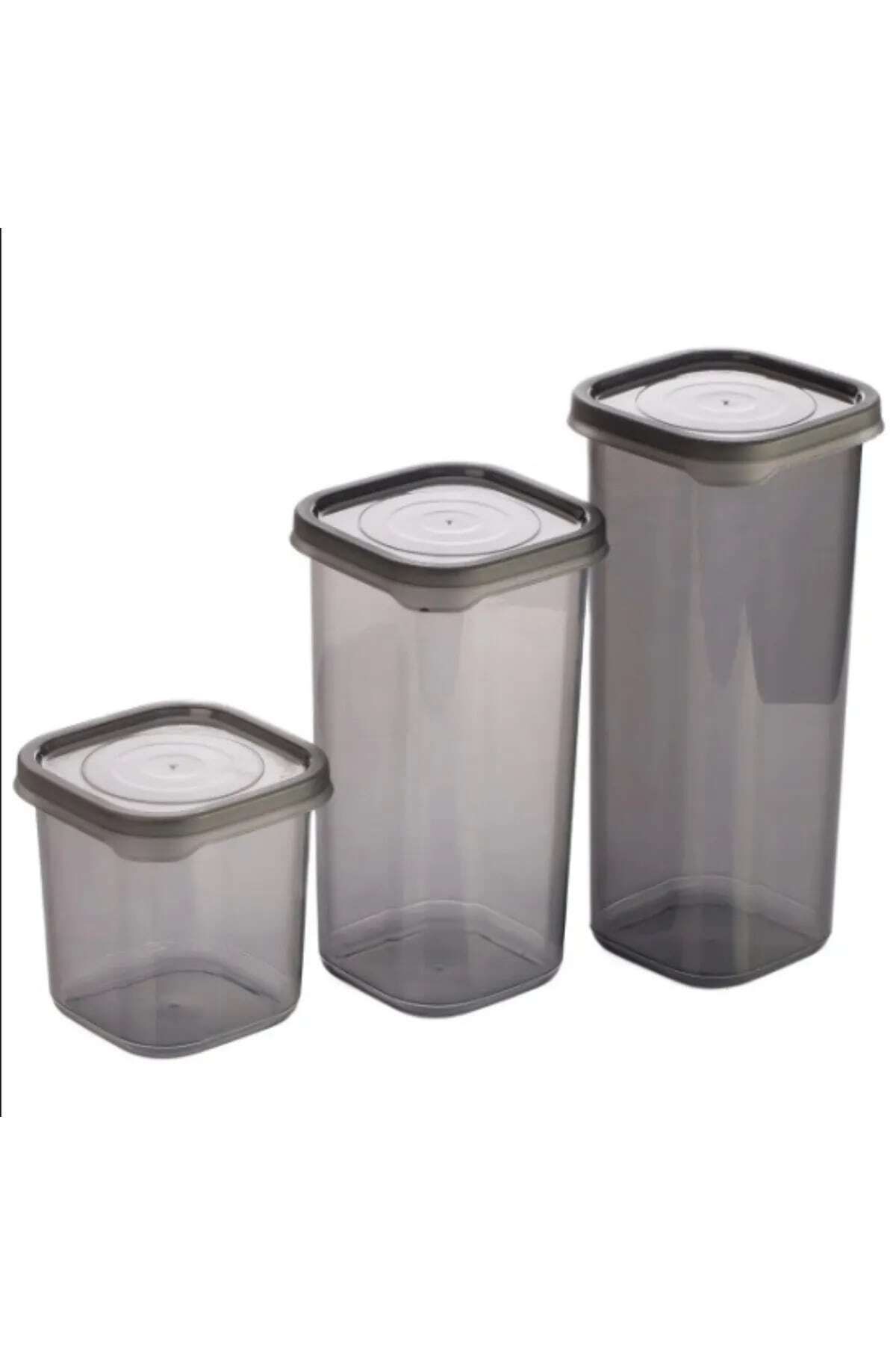 ıvırzıvırr 3 Adet 3 Boy Siyah Saydam Plastik Kavanoz Saklama Kabı Kapaklı Kare Model