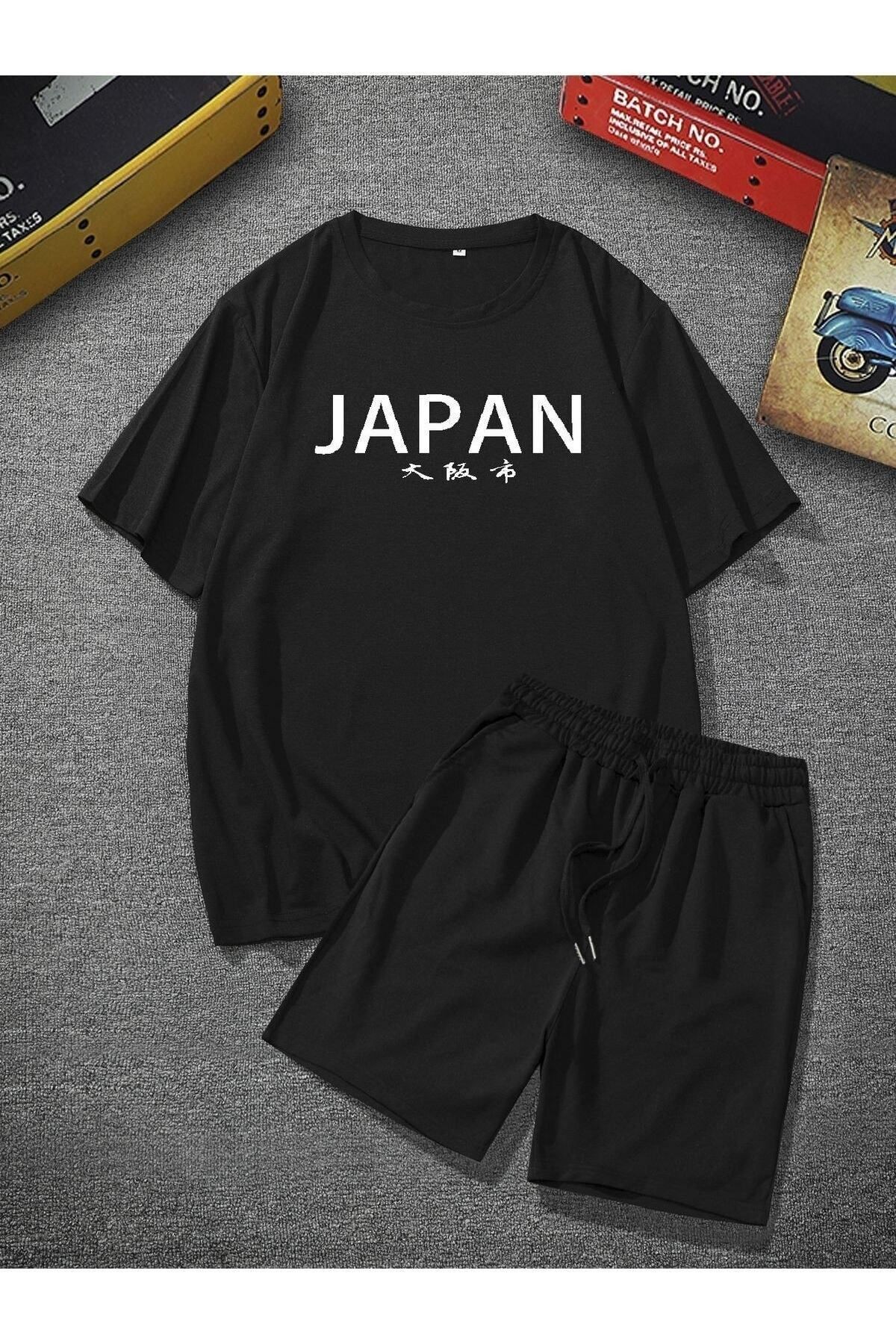 GIANTSTORE Erkek Siyah Japan Baskılı Şort Takım