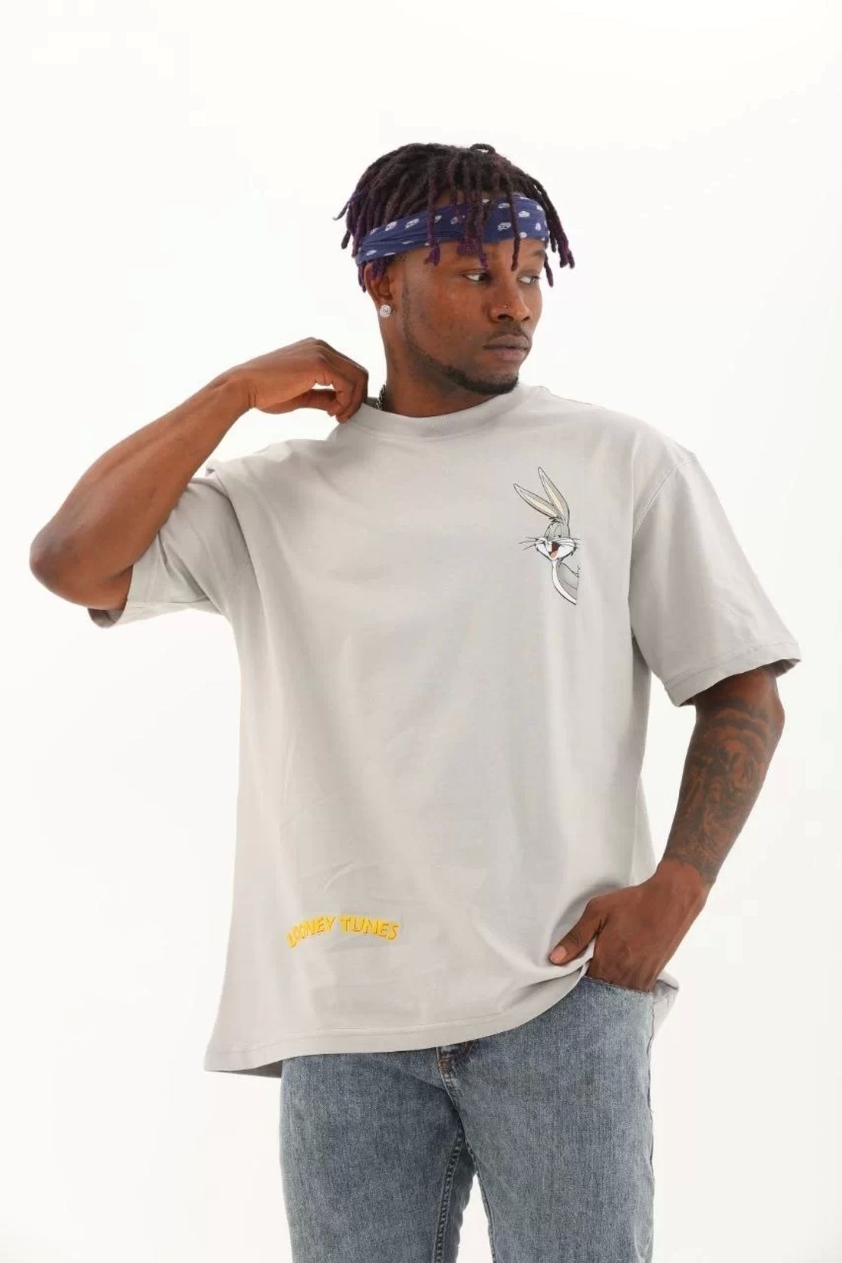 CVS Unisex Oversize Baskılı Bisiklet Yaka T-Shirt - Gri