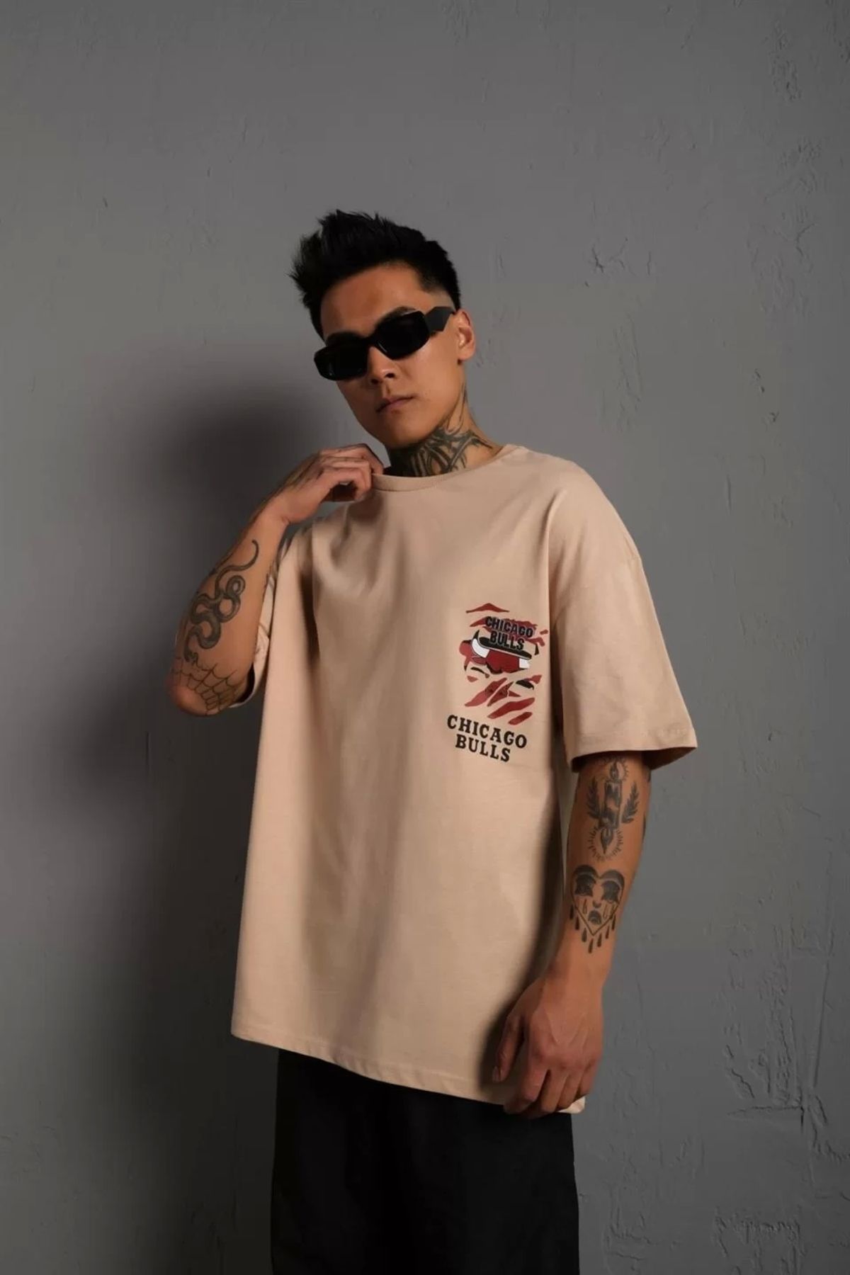 CVS Erkek Sırt Baskılı A Kalite Oversize T-shirt - Bej