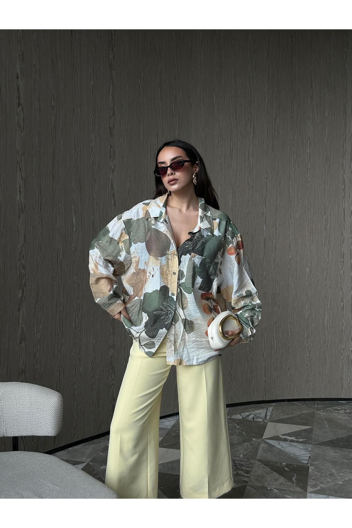 minaaise Kadın Haki Mango Kumaş Desenli Cepli Oversize Gömlek 29084