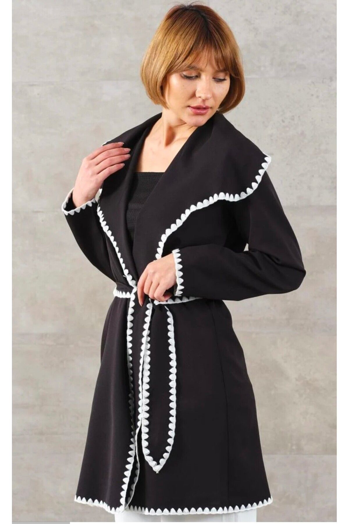 FASHION9484 Çoban Dikiş Kuşaklı Hırka