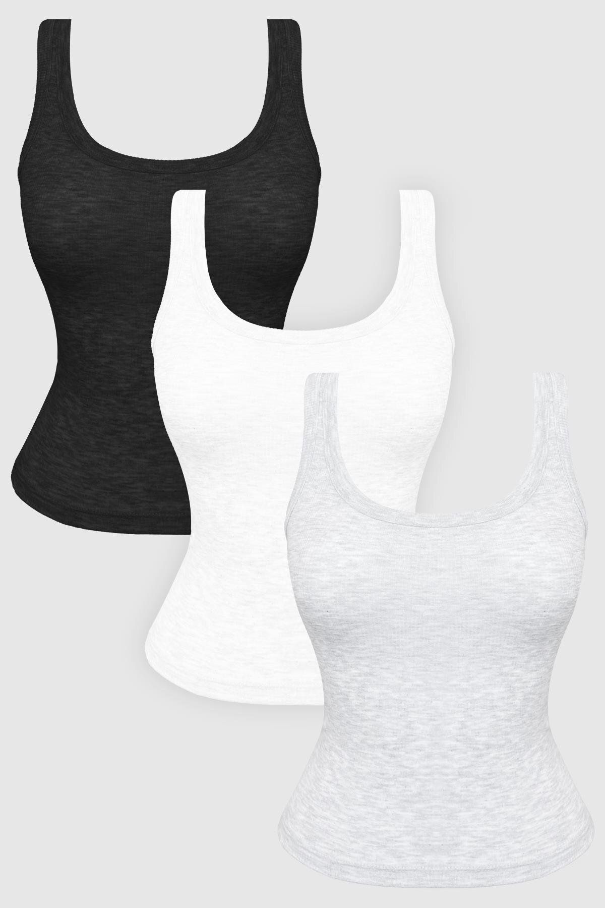 Cottonhill Pamuklu Kalın Askılı Fitilli Kadın Atlet 3'lü Paket