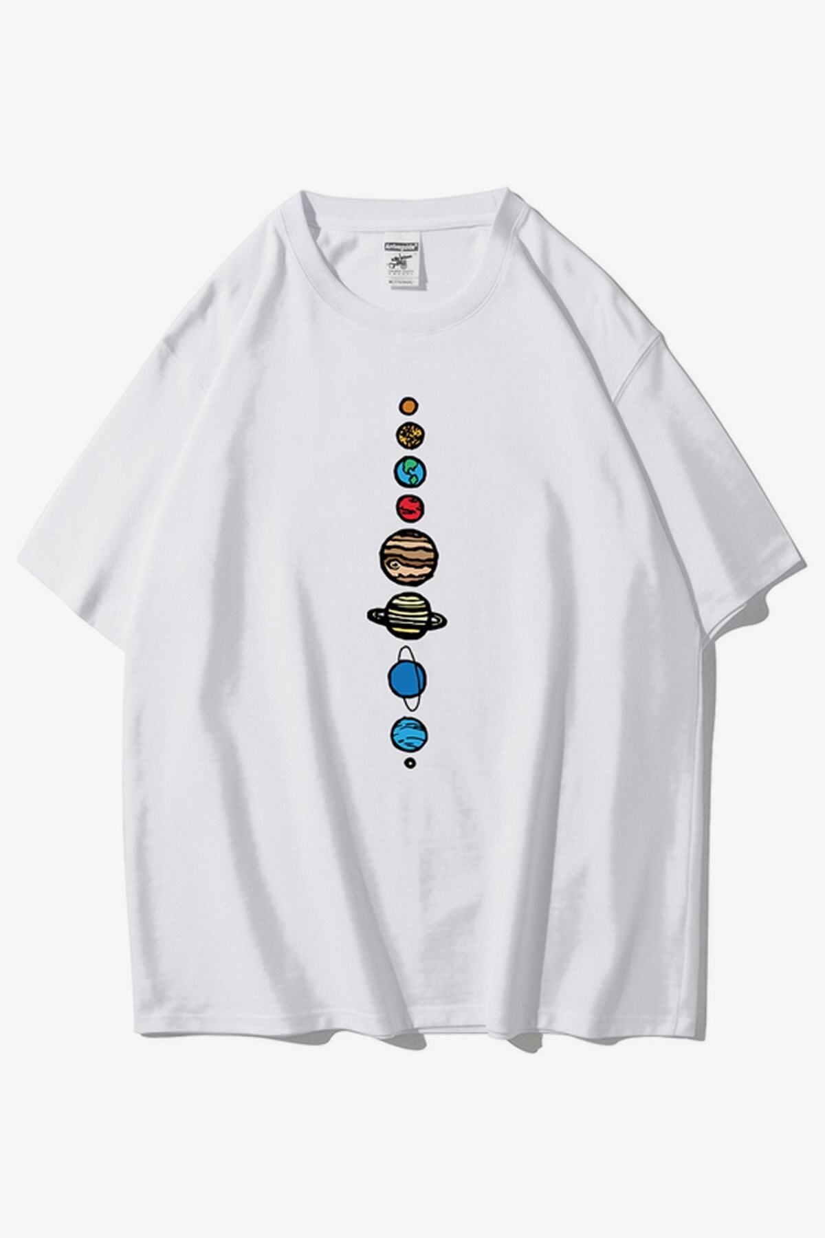 GIANTSTORE Unisex Beyaz 9 Gezegen Baskılı Oversize Bisiklet Yaka Tshirt