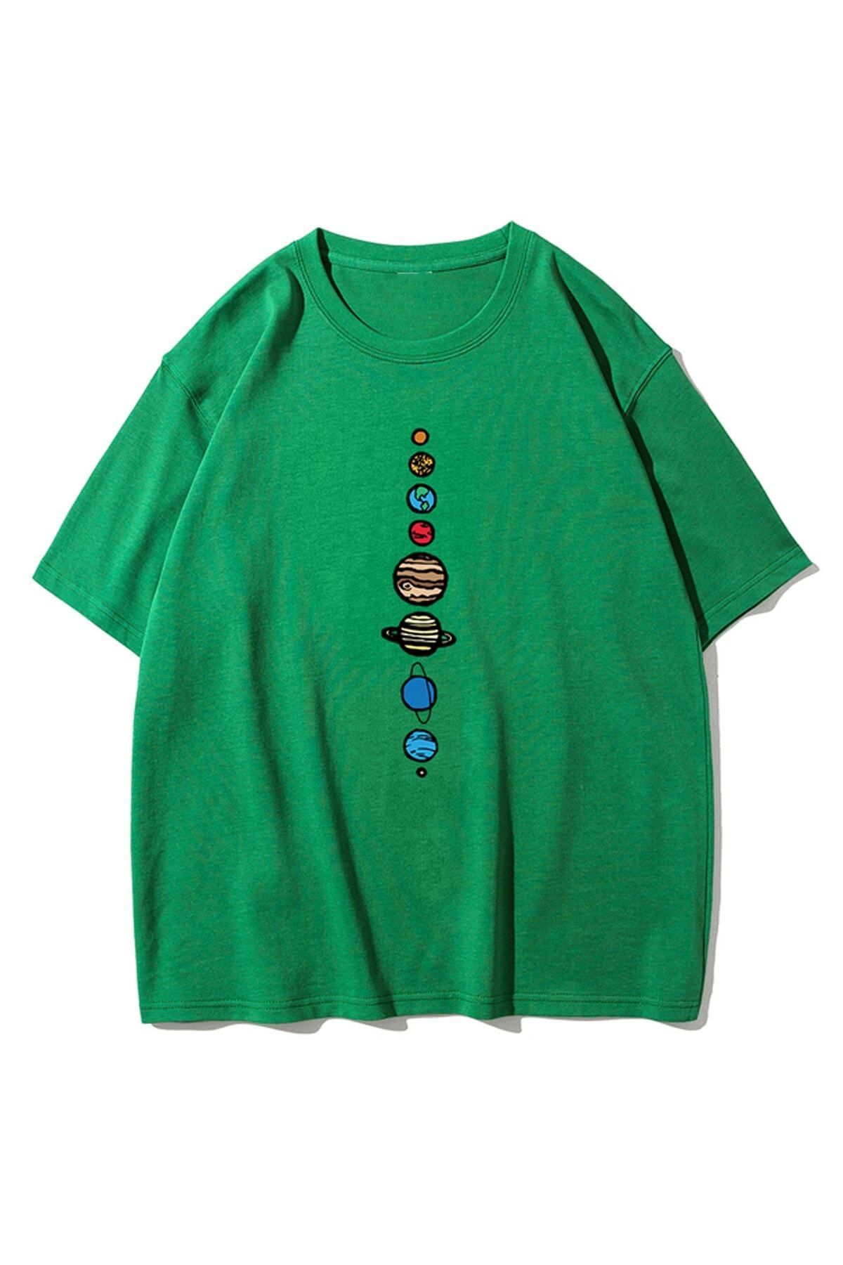 GIANTSTORE Unisex Yeşil 9 Gezegen Baskılı Oversize Bisiklet Yaka Tshirt