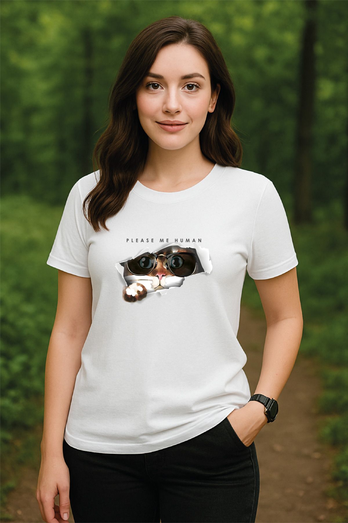 OFİSEHEDİYE WHITE QUOTES PREMIUM UNISEX T-SHIRT PLEASE ME HUMAN CAT