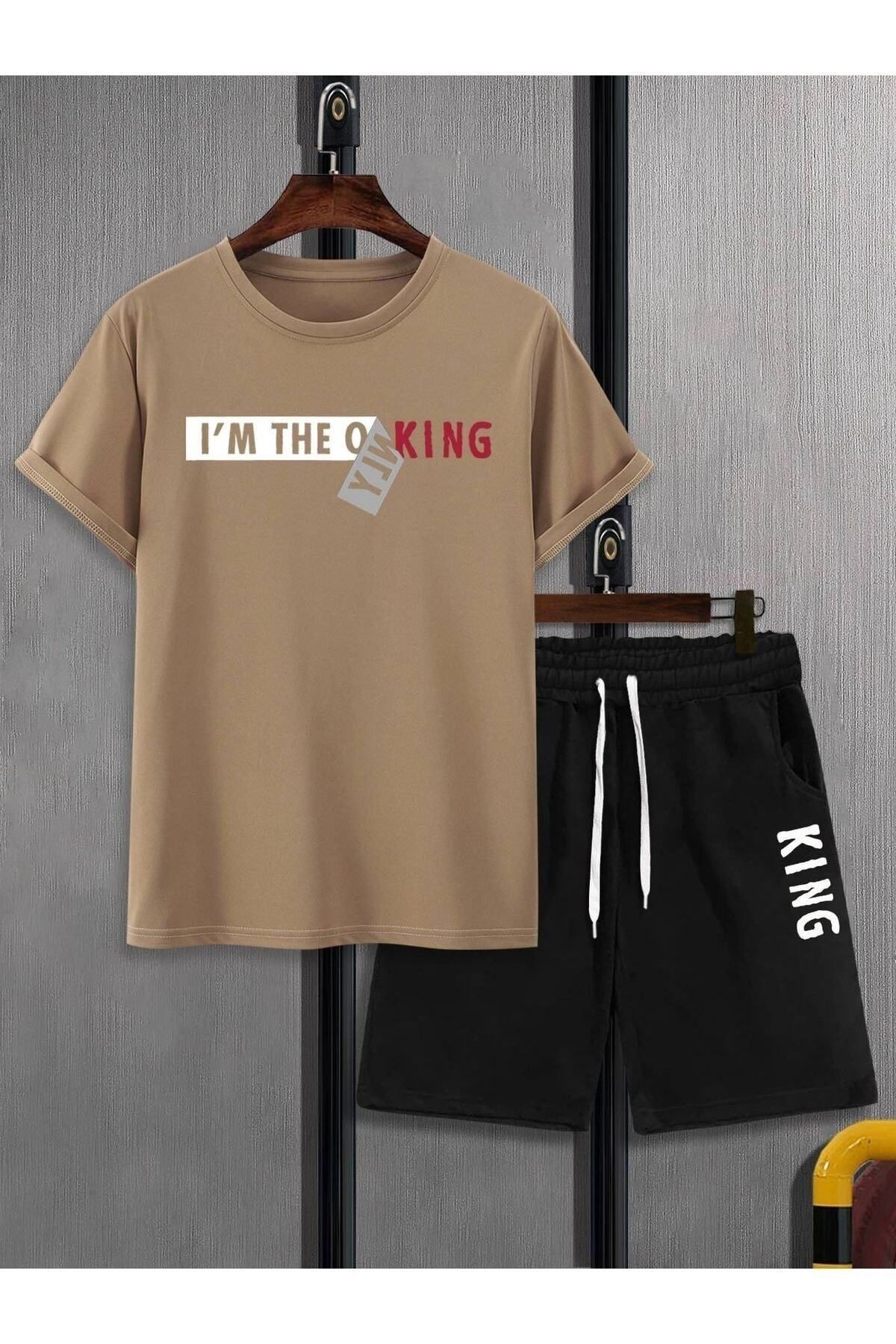 GIANTSTORE Erkek Siyah Kıng Baskılı Şort Takım