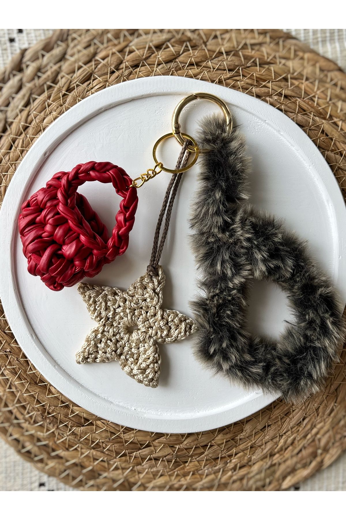 Poshy Atelier Kırmızı Mini Deri Çantalı Yıldız Örgü El Yapımı Çanta Charmı Anahtarlık Aksesuarı Araba Süsü