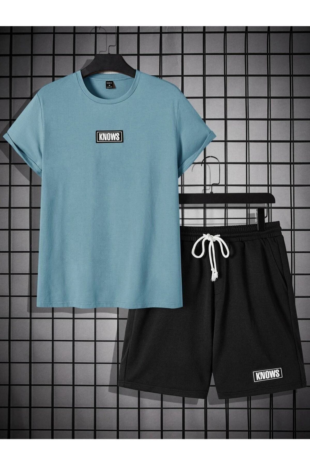 GIANTSTORE Erkek Mavi Knows Baskılı Şort Takım