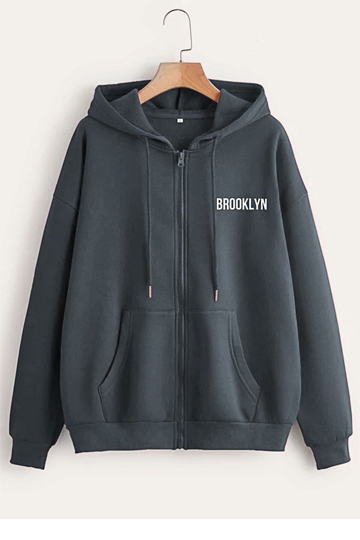 GIANTSTORE Erkek Antrasit Brooklyn Baskılı Kapüşonlu Oversize Ceket