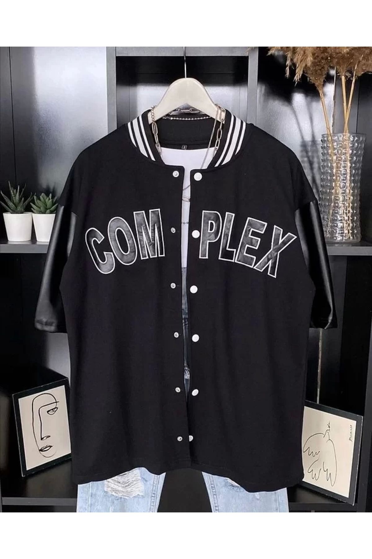 CVS Erkek Complex Kolları Deri Kolej Oversize T-shirt - Siyah