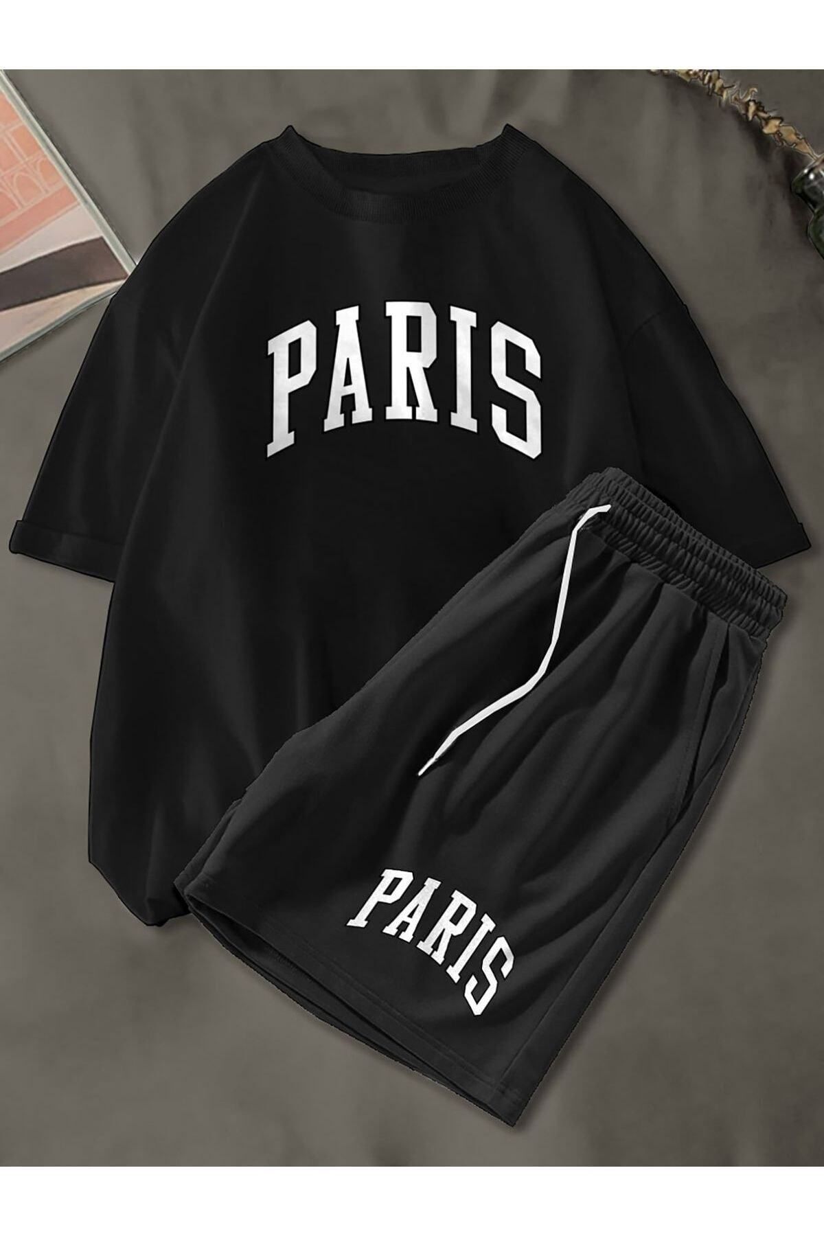 GIANTSTORE Erkek Siyah Paris Baskılı Şort Takım