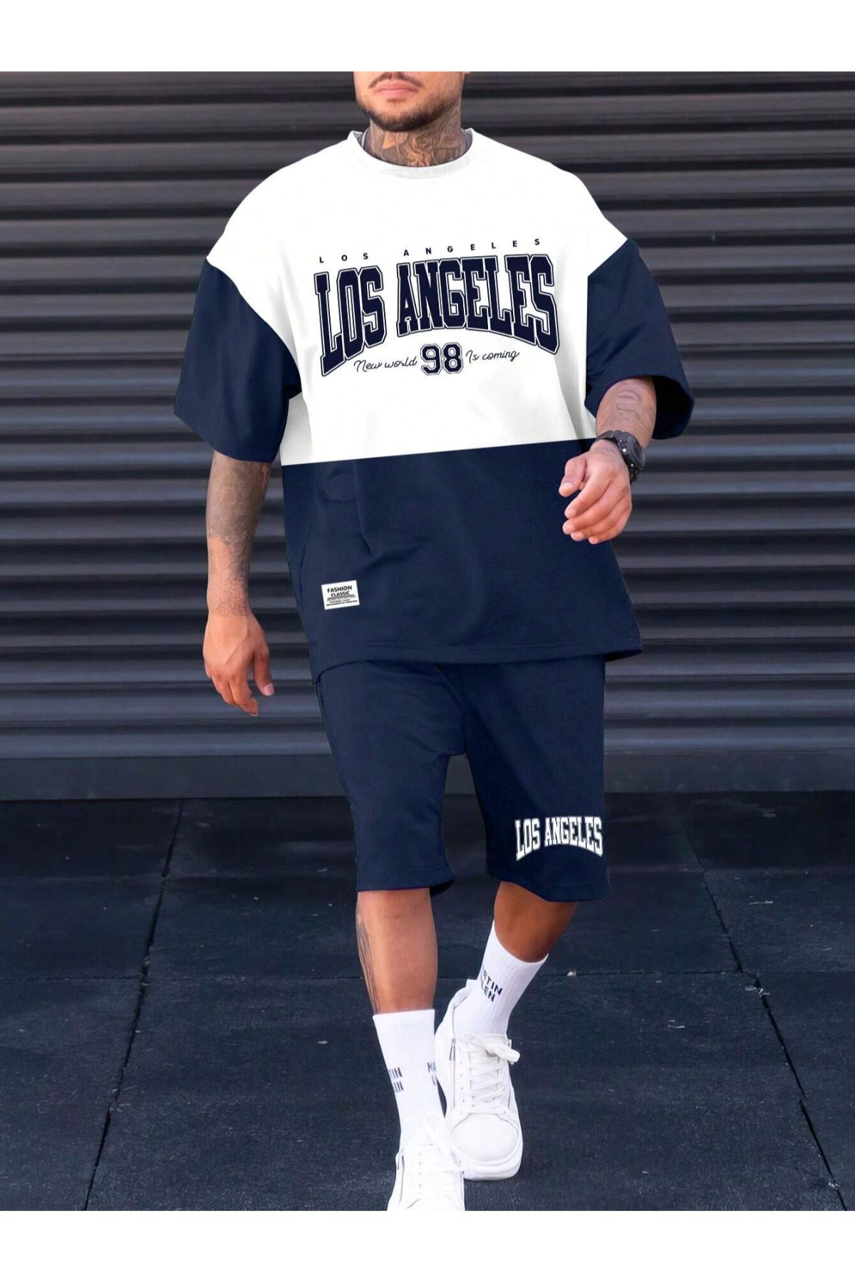 GIANTSTORE Los Angeles 98 Baskılı Parçalı Şort-Tişört Lacivert Erkek Takım