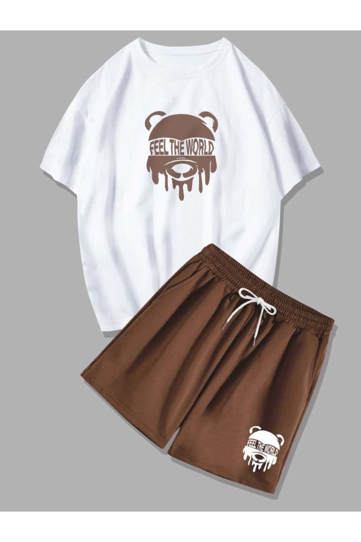 GIANTSTORE Unisex Kahverengi Feel The World Baskılı Şort Takım