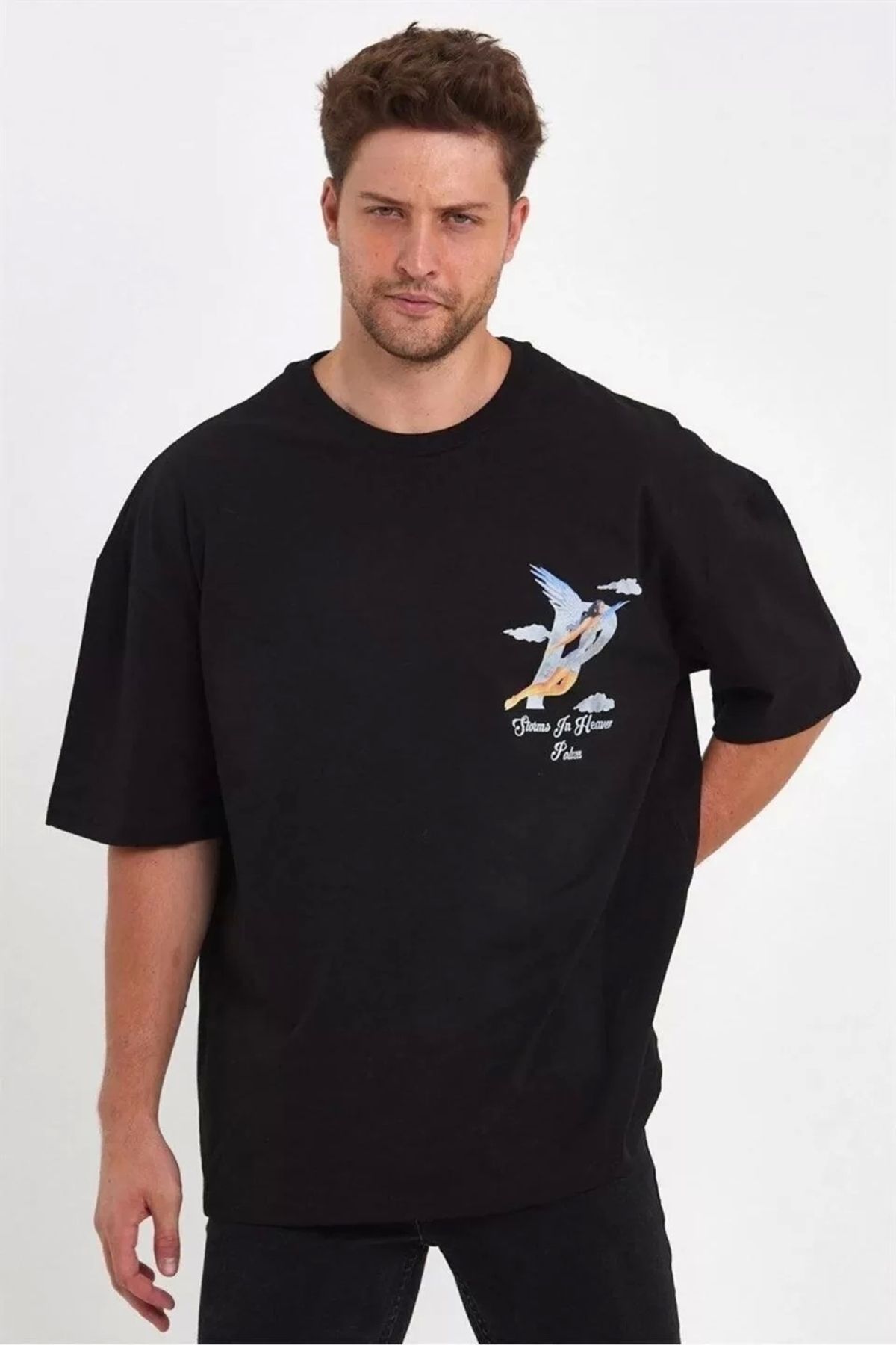 CVS Erkek Melek Baskılı Oversize T-shirt - Siyah
