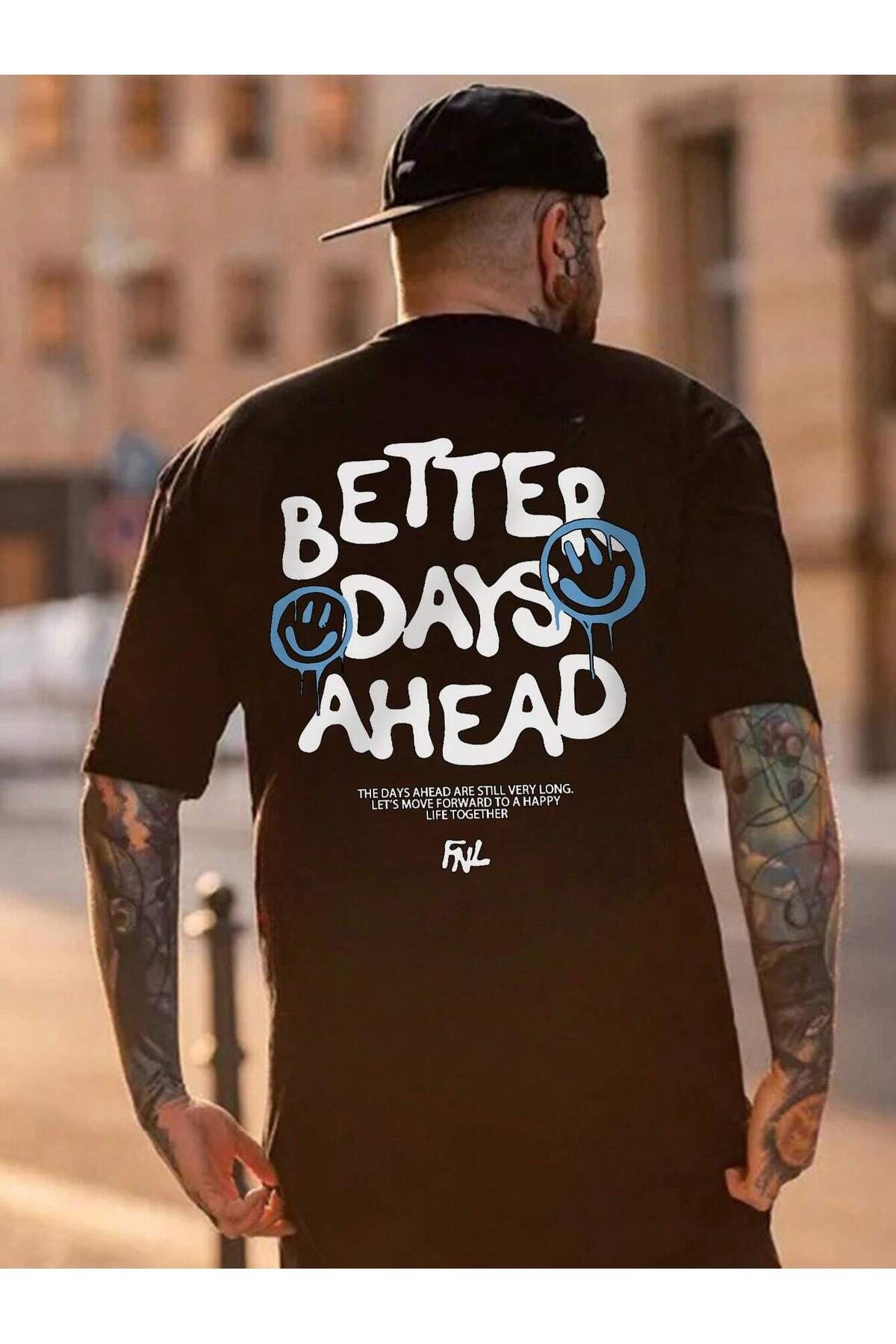 GIANTSTORE Erkek Siyah Better Days Ahead Baskılı Oversize Tshirt