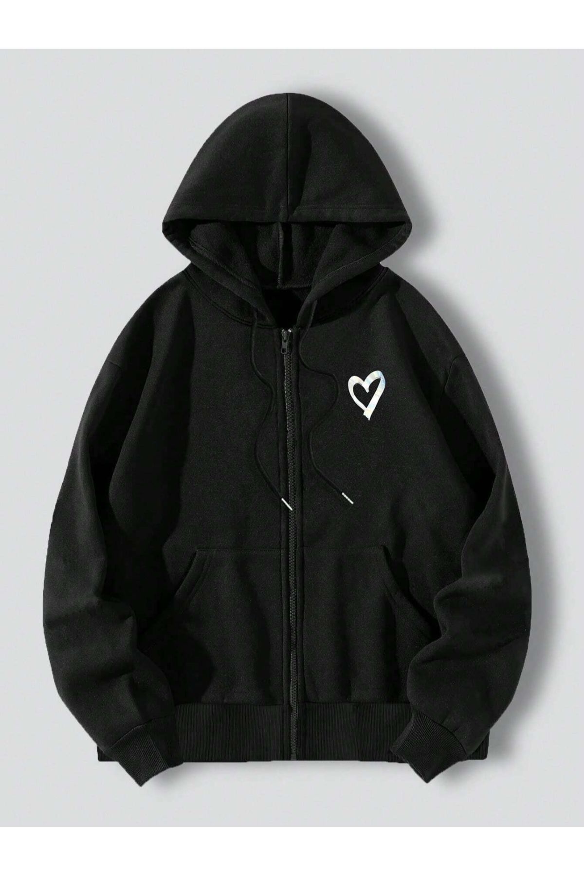 GIANTSTORE Siyah Kalp Baskılı Oversize Fermuarlı Hırka Unisex