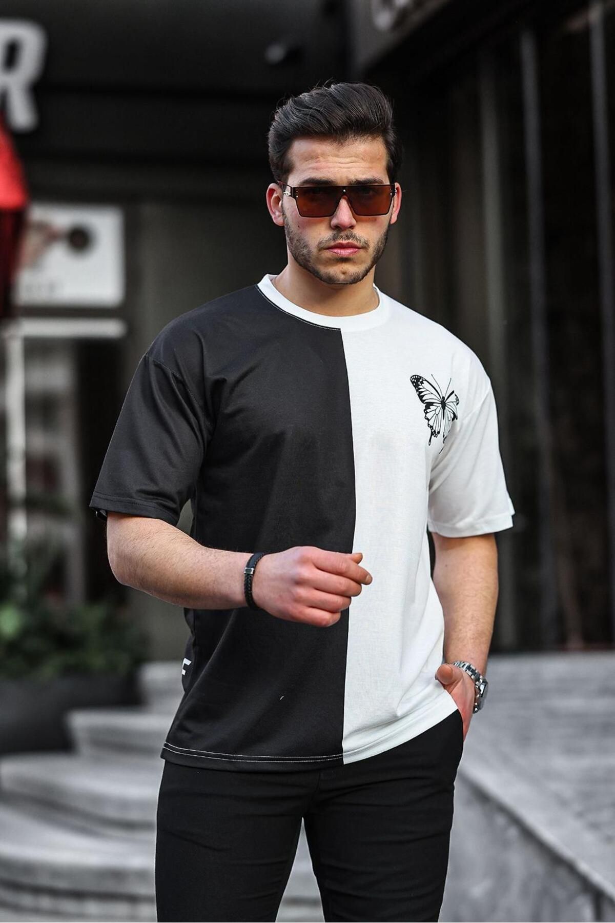 GIANTSTORE Erkek Siyah Beyaz Parçalı Kelebek Baskılı Tişört